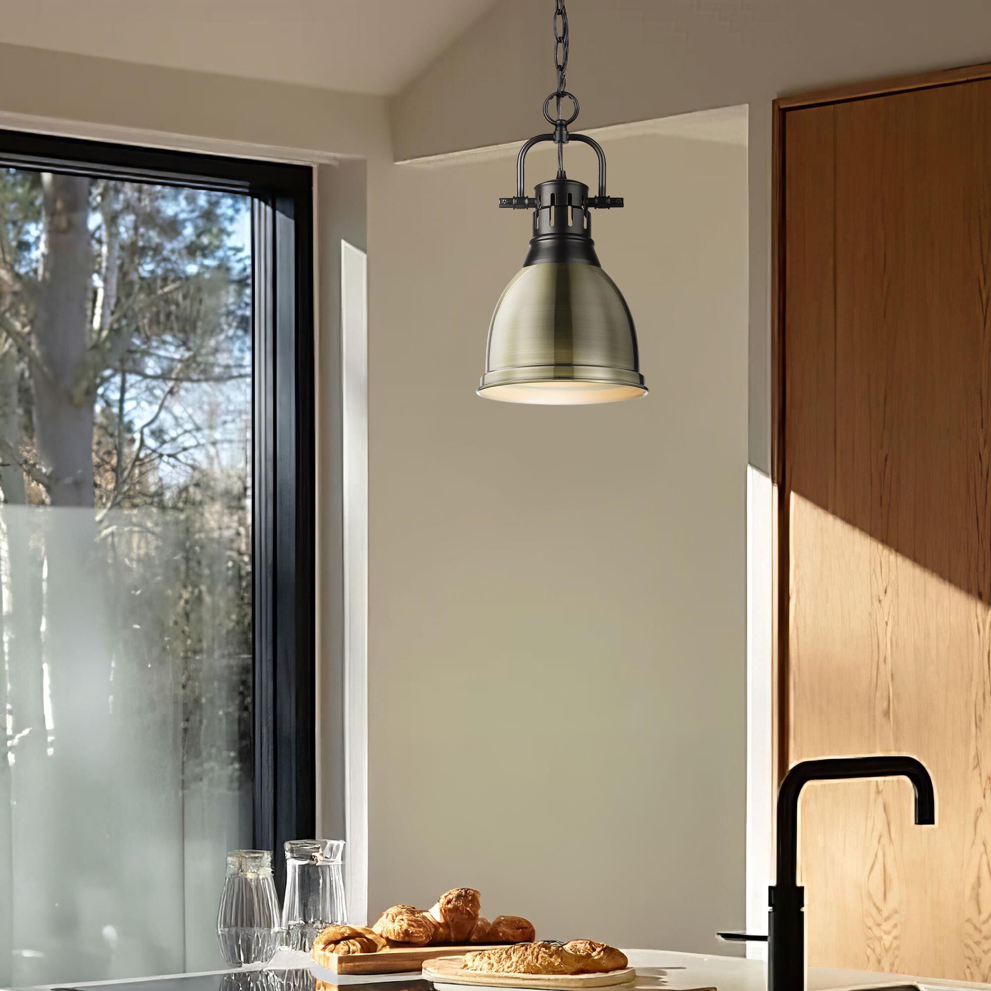 Shown in Matte Black finish and Aged Brass shade