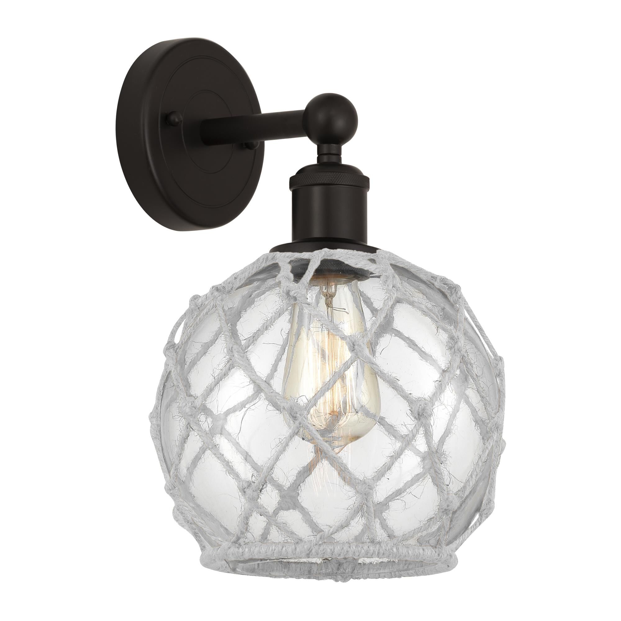 Shown in Oil Rubbed Bronze finish and Clear with White Rope glass