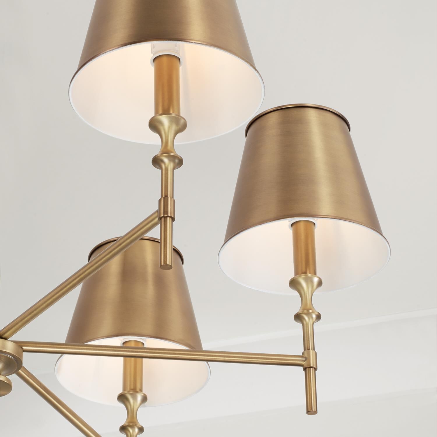 Shown in Aged Brass finish and Aged Brass Metal Stay-Straight  with White Interior shade