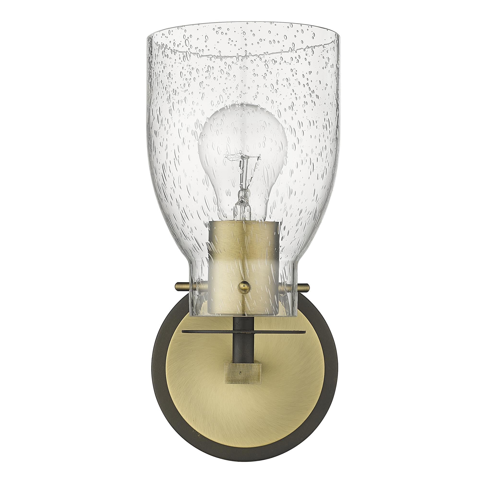 Shown in Oil Rubbed Bronze And Antique Brass finish and Clear Seedy Glass shade