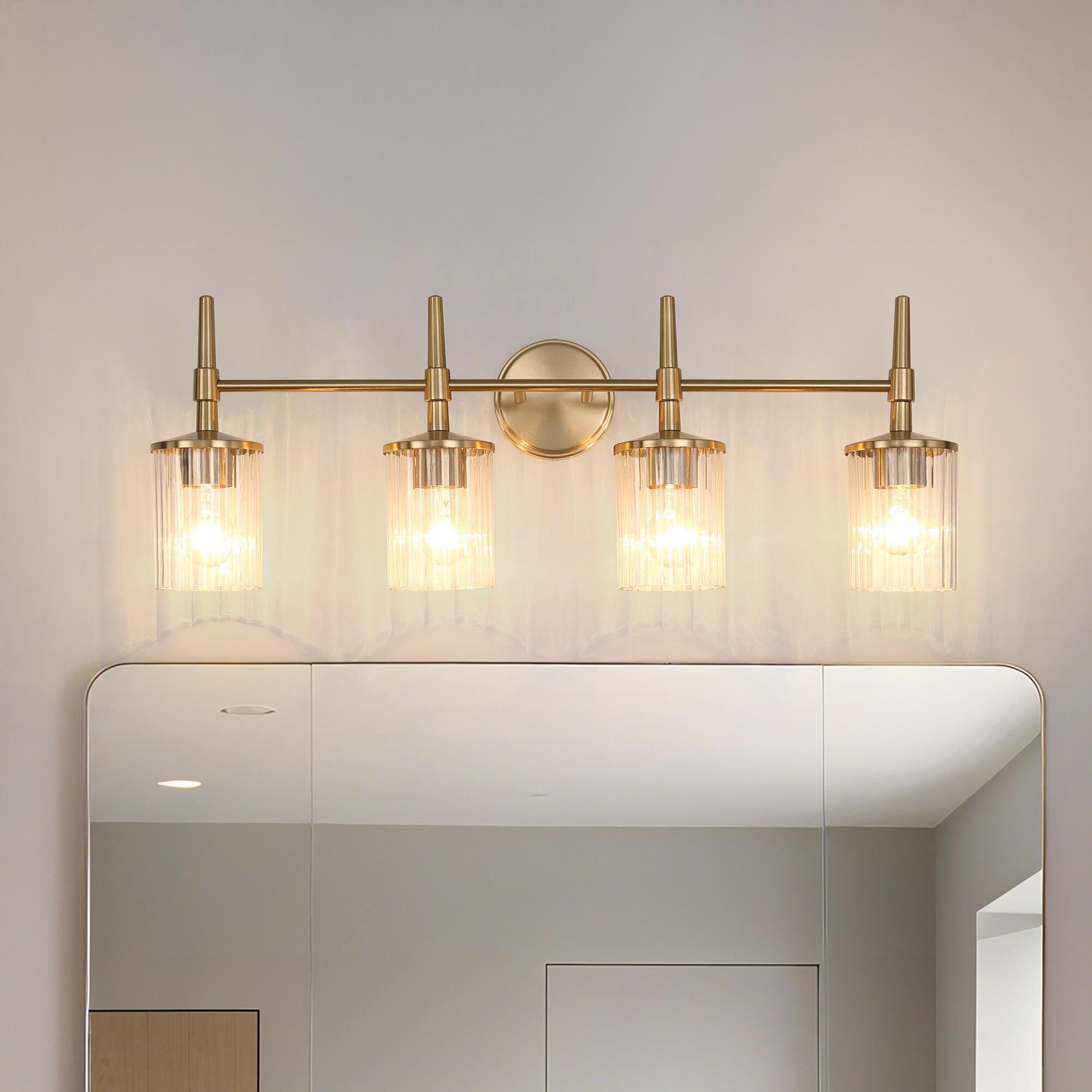 Shown in Champagne Gold finish and Clear Ribbed glass