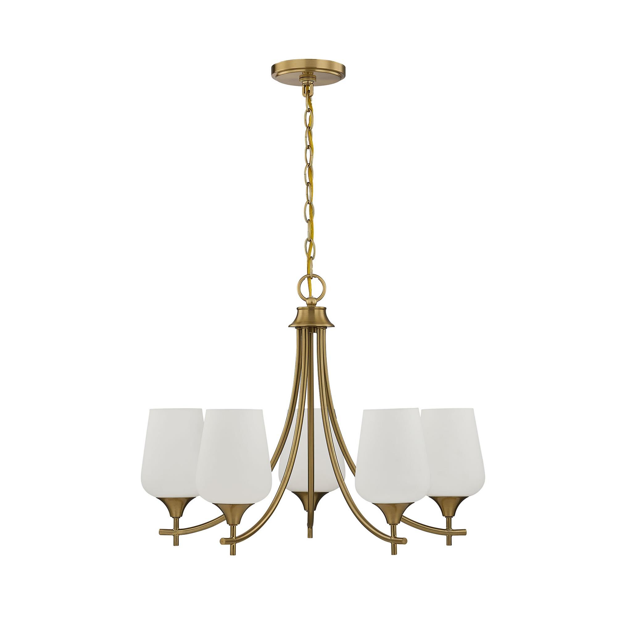 Shown in Warm Brass finish and White Opal glass
