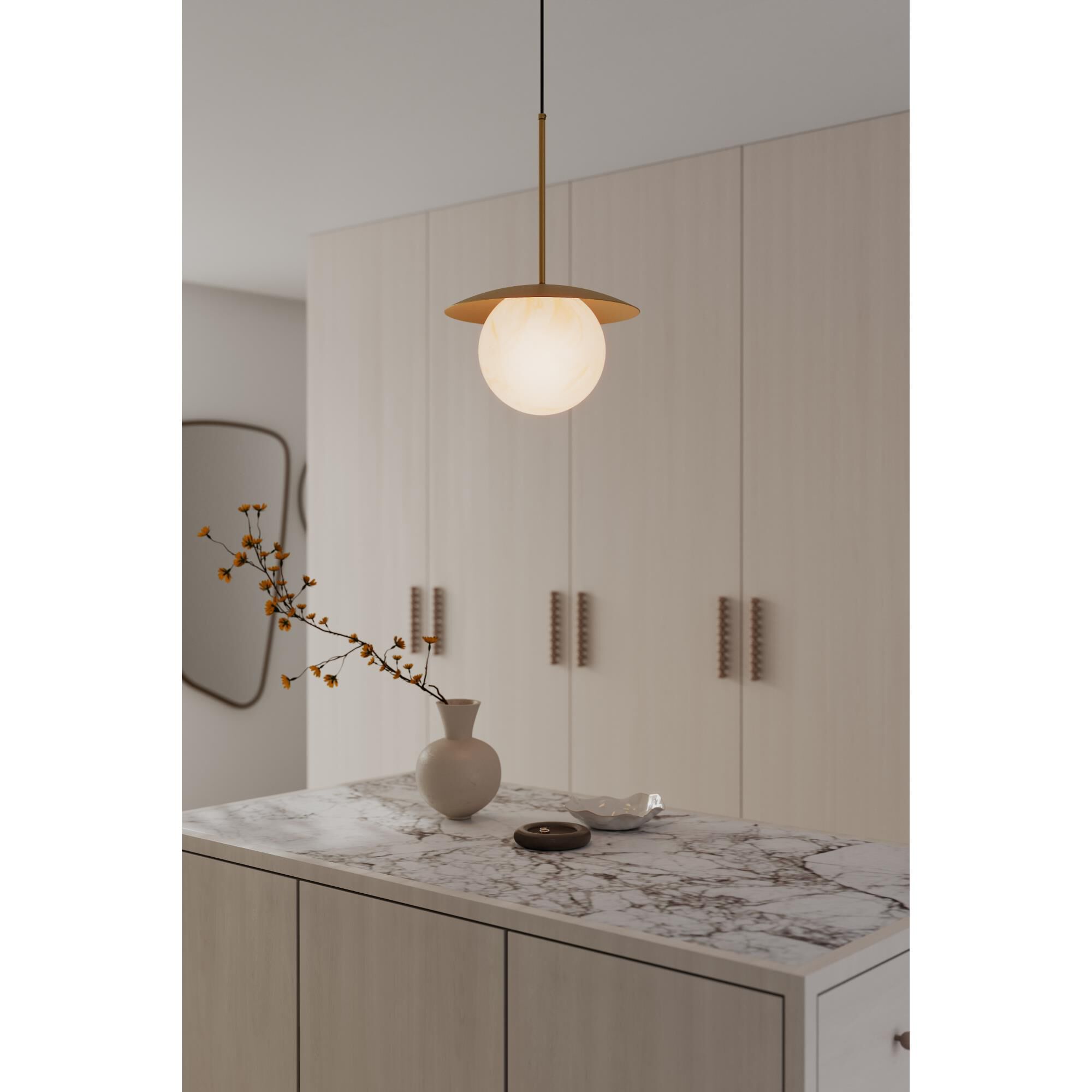 Shown in Legacy Brass finish and Etched Amber Swirl glass