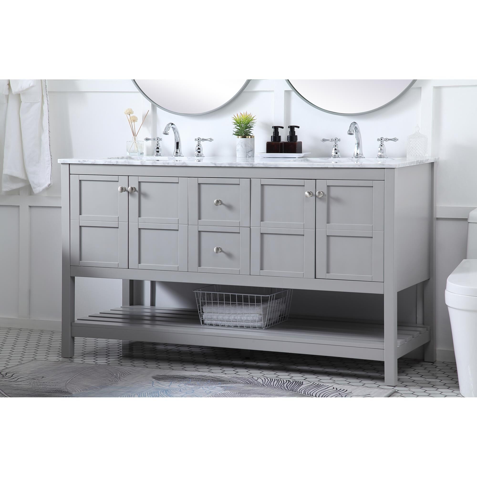 Shown in Gray And Brushed Nickel With Carrara White Marble finish