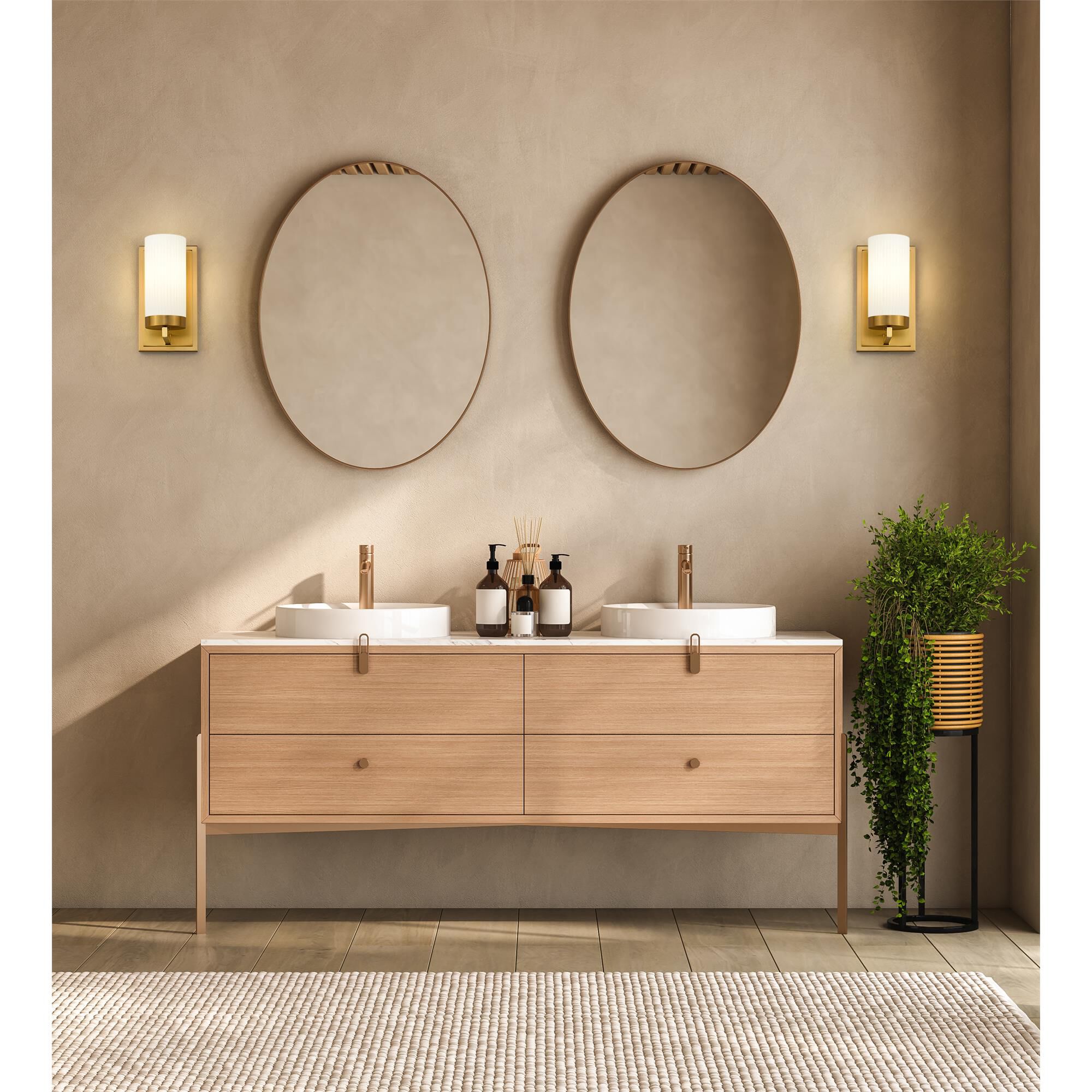Shown in Modern Gold finish and White glass and White shade