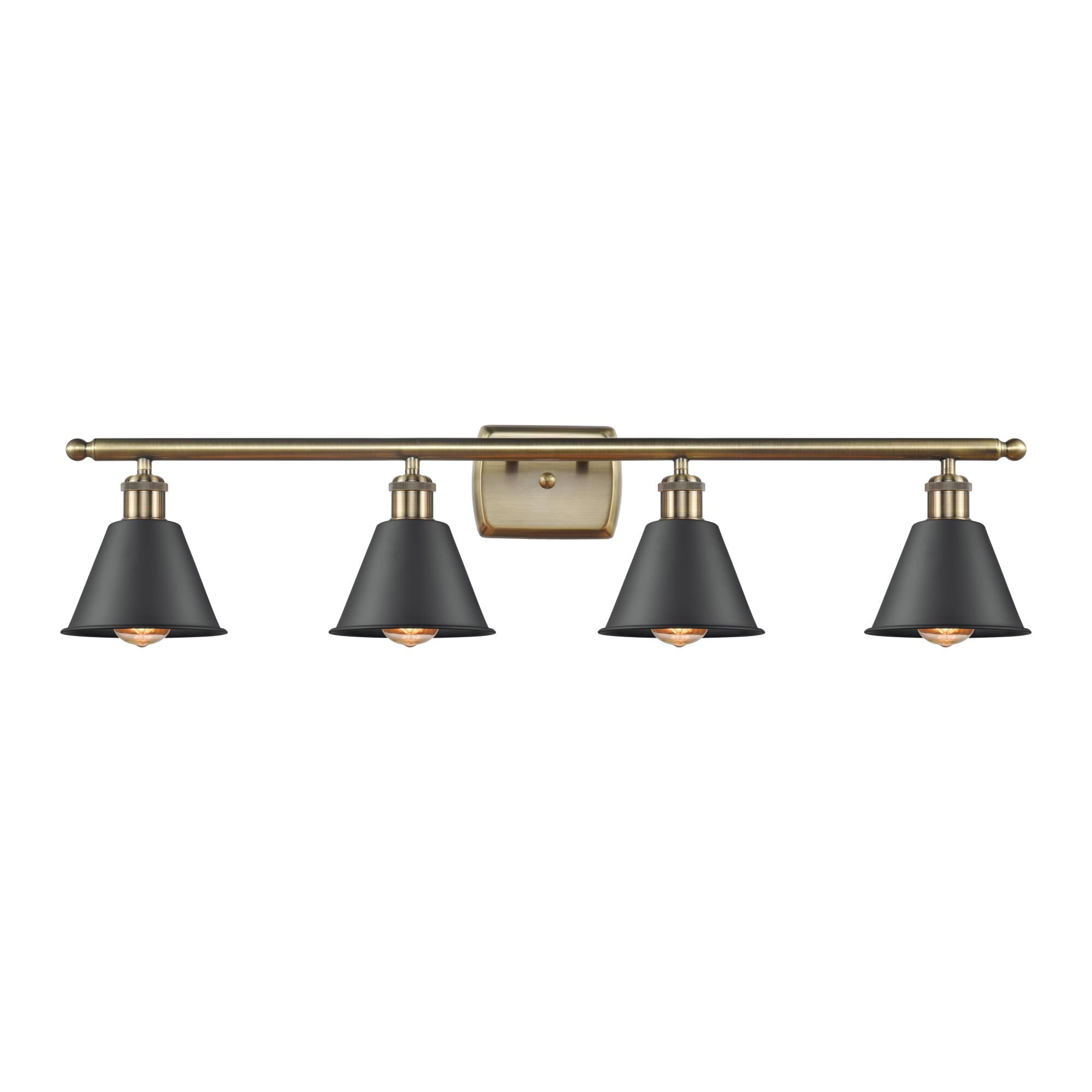 Shown in Antique Brass finish and Matte Black Smithfield shade