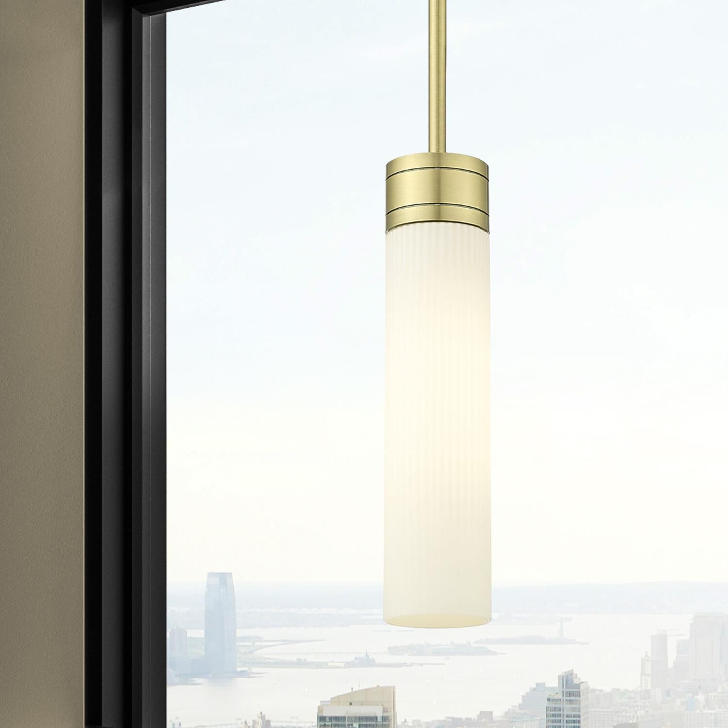 Shown in Antique Brass finish and Striped White glass