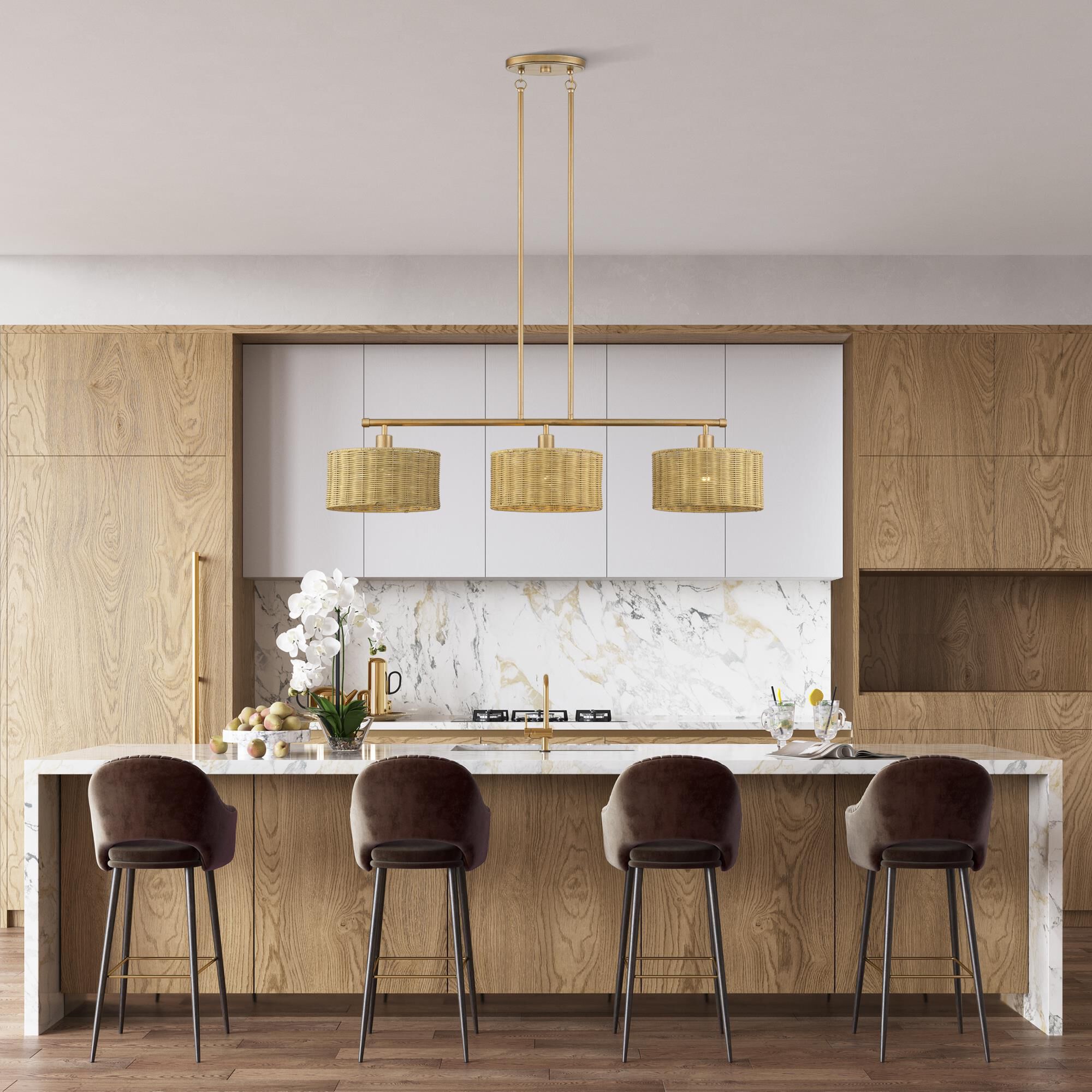 Shown in Antique Gold Leaf finish and Hand-Woven Rustic Walnut Color Rattan shade