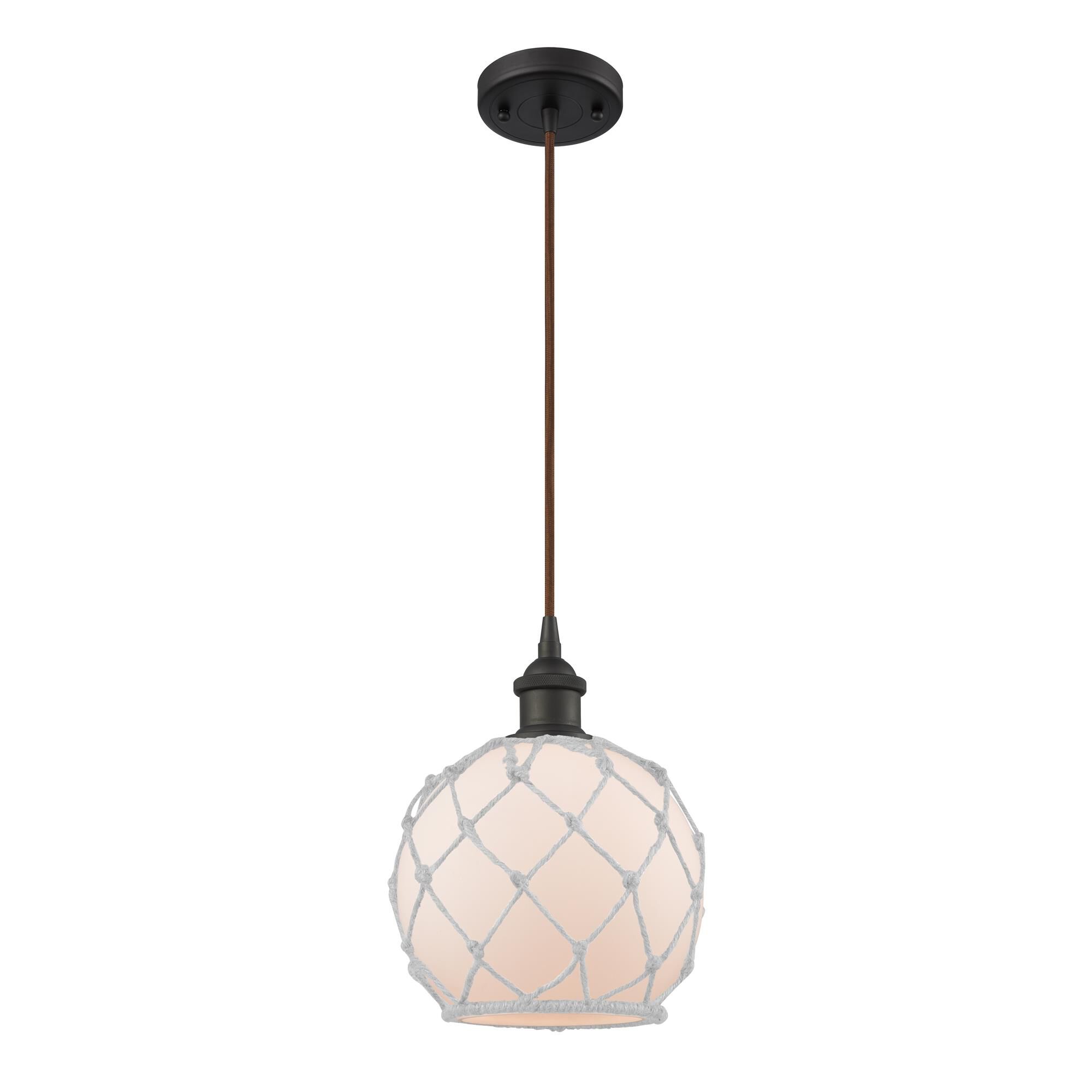 Shown in Oil Rubbed Bronze finish and White With White Rope glass