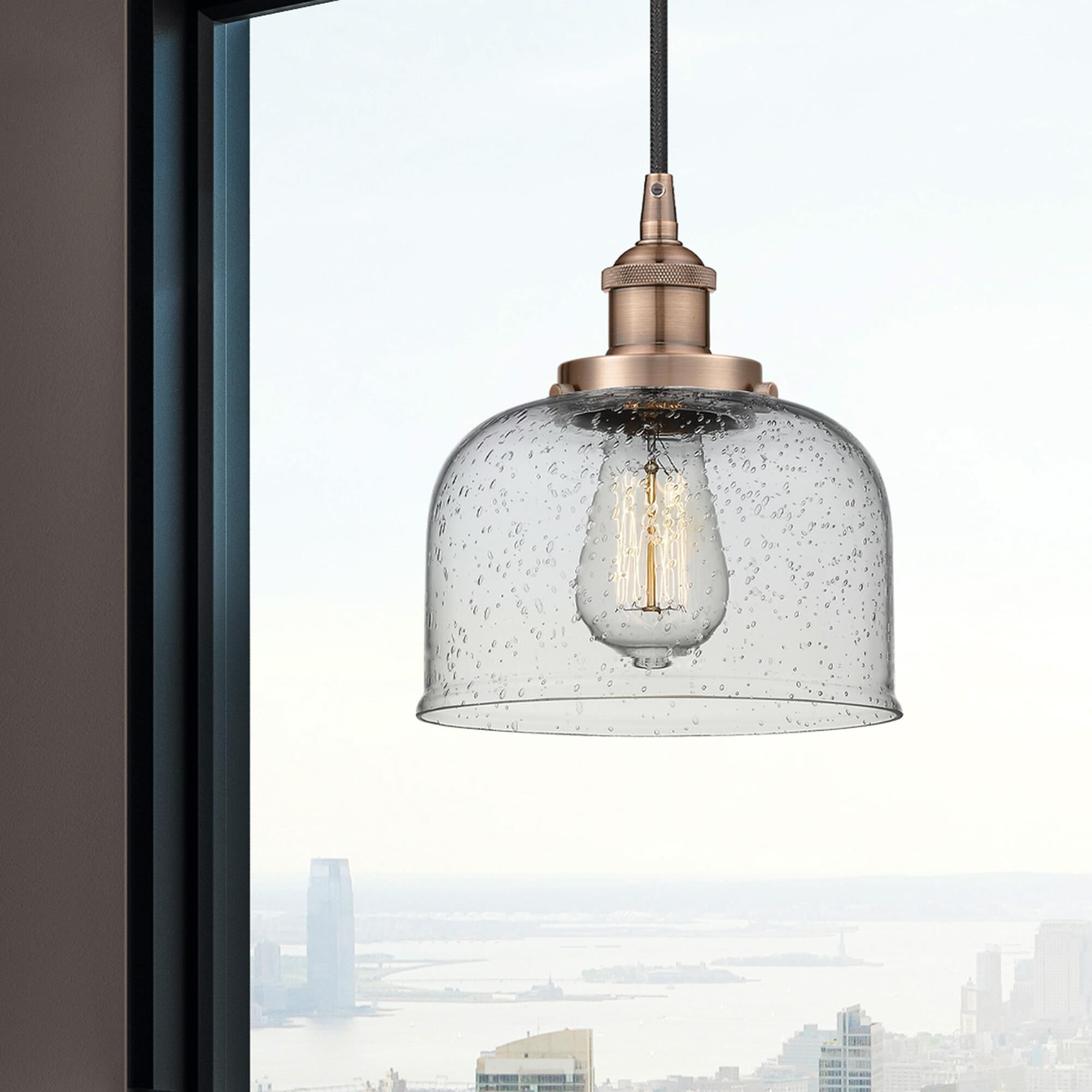 Shown in Antique Copper finish and Seedy glass