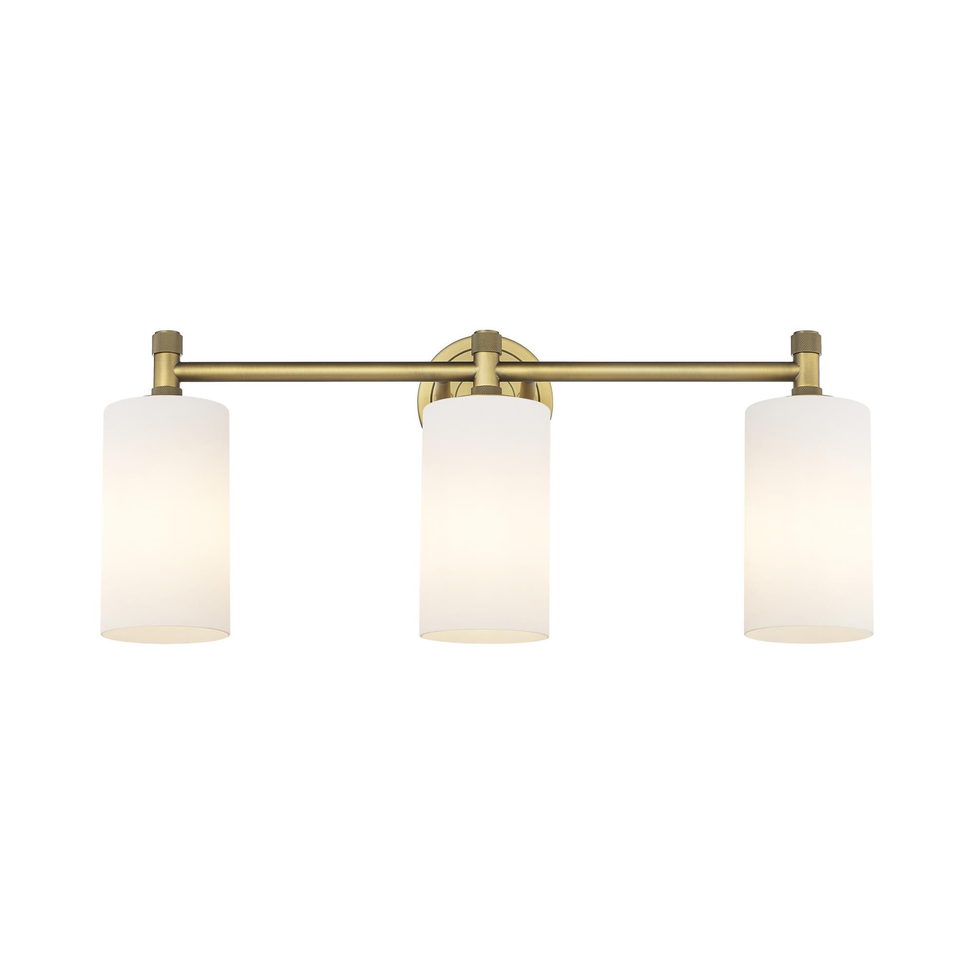 Shown in Brushed Brass finish and Matte White glass