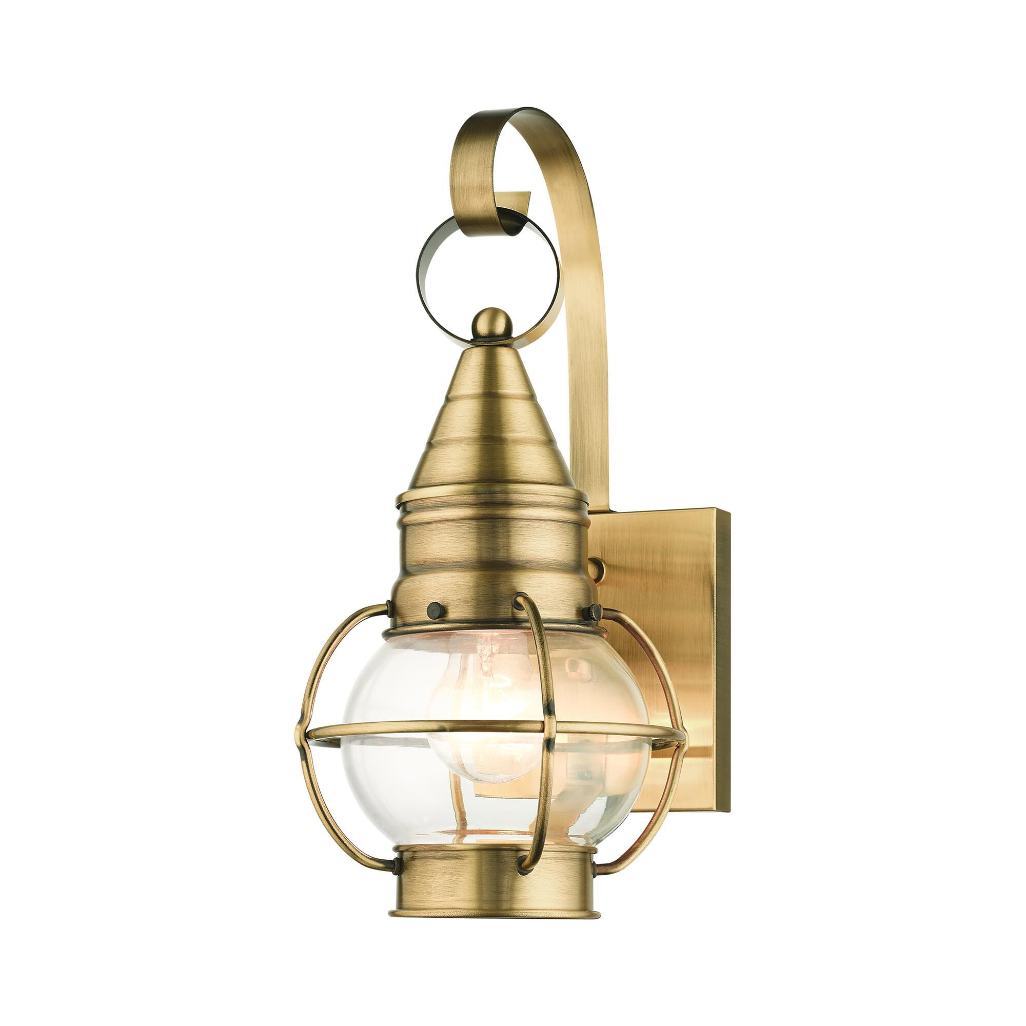 Shown in Antique Brass finish and Hand Blown Clear glass
