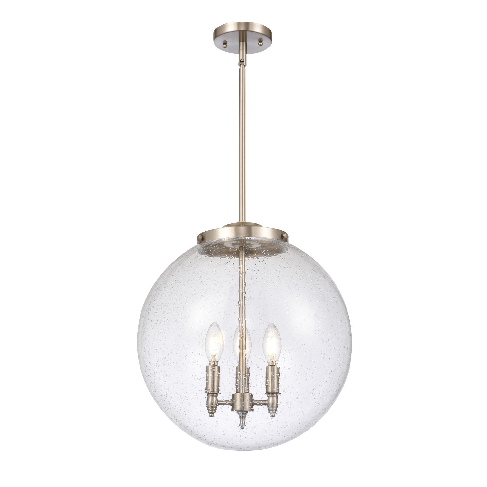 Shown in Brushed Satin Nickel finish and Seedy Beacon glass