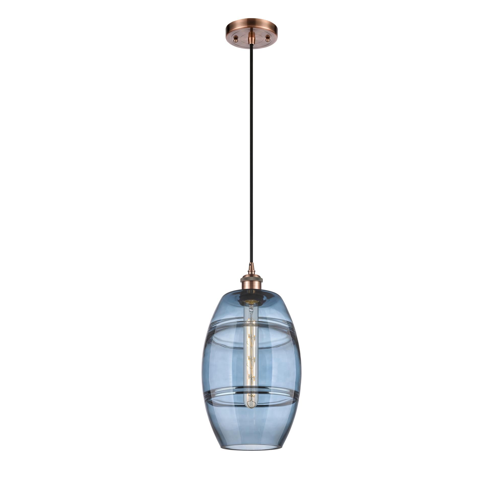 Shown in Antique Copper finish and Princess Blue glass