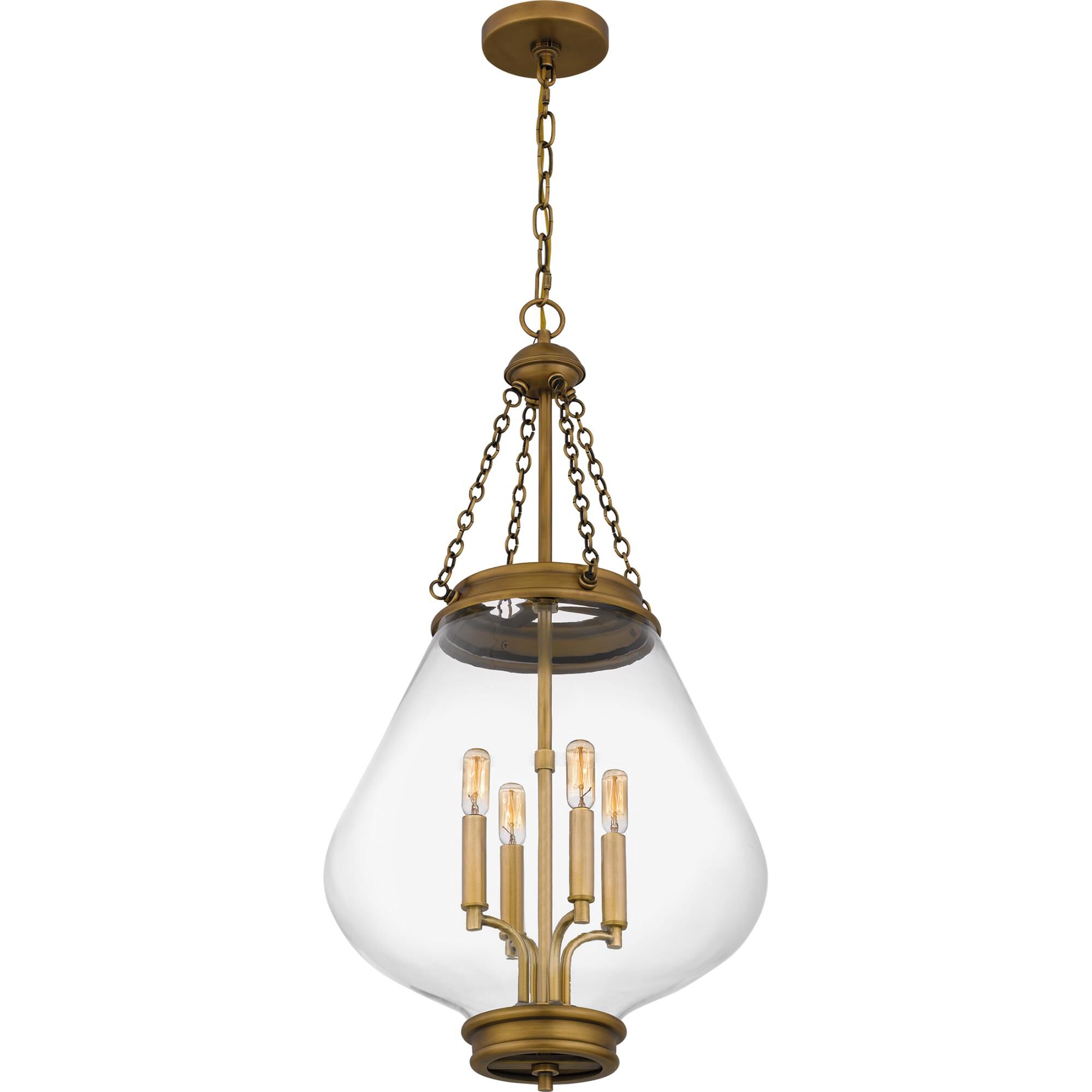 Shown in Weathered Brass finish and Clear Glass shade