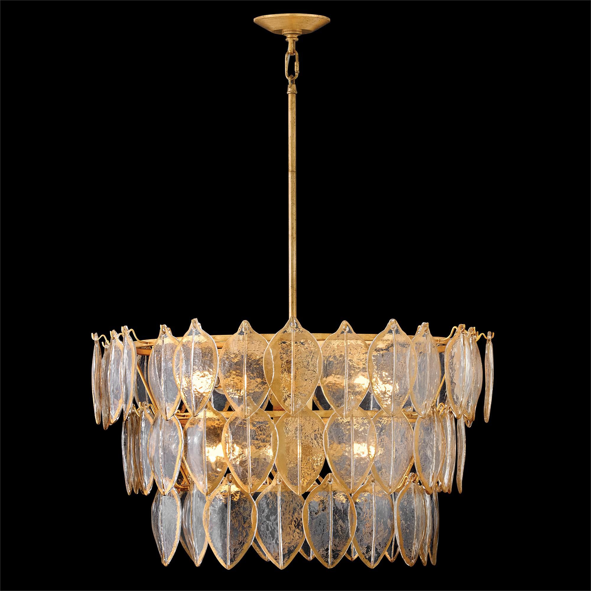 Shown in Distressed Brass finish and Clear Pressed glass
