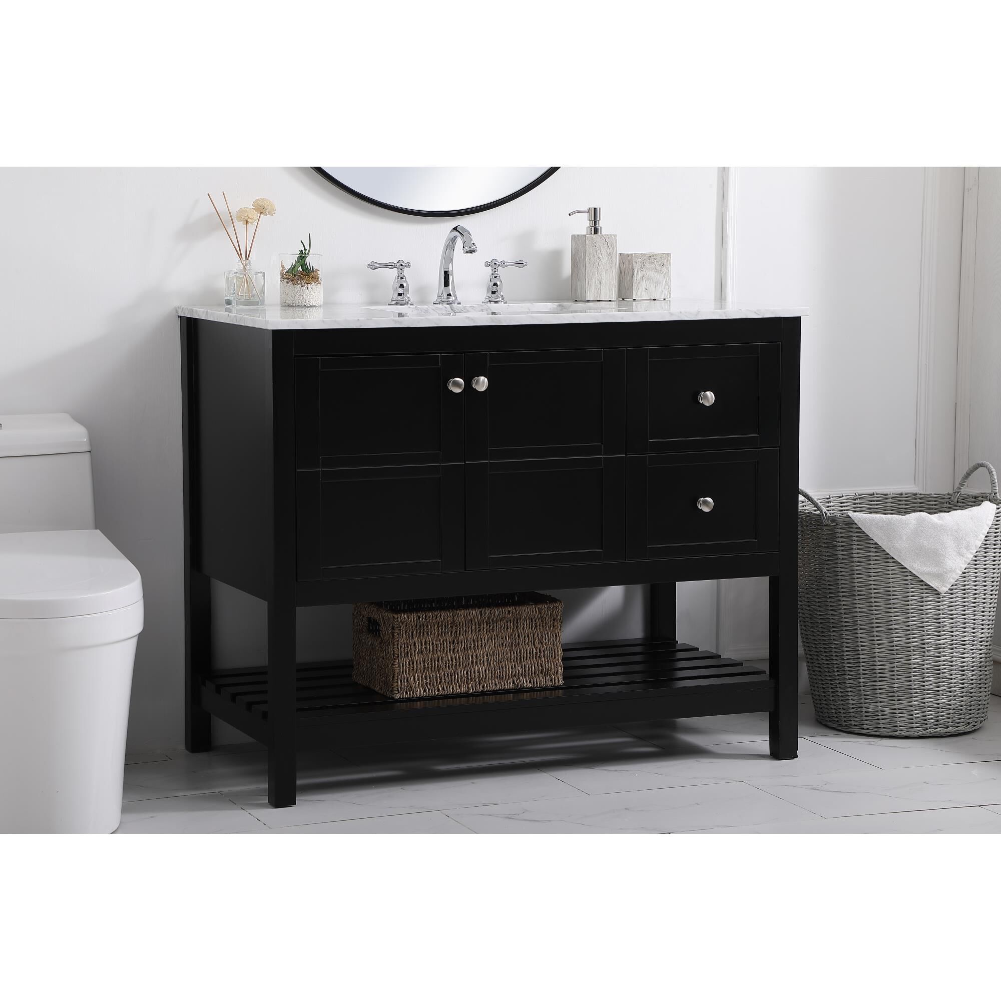 Shown in Black And Brushed Nickel With Carrara White Marble finish