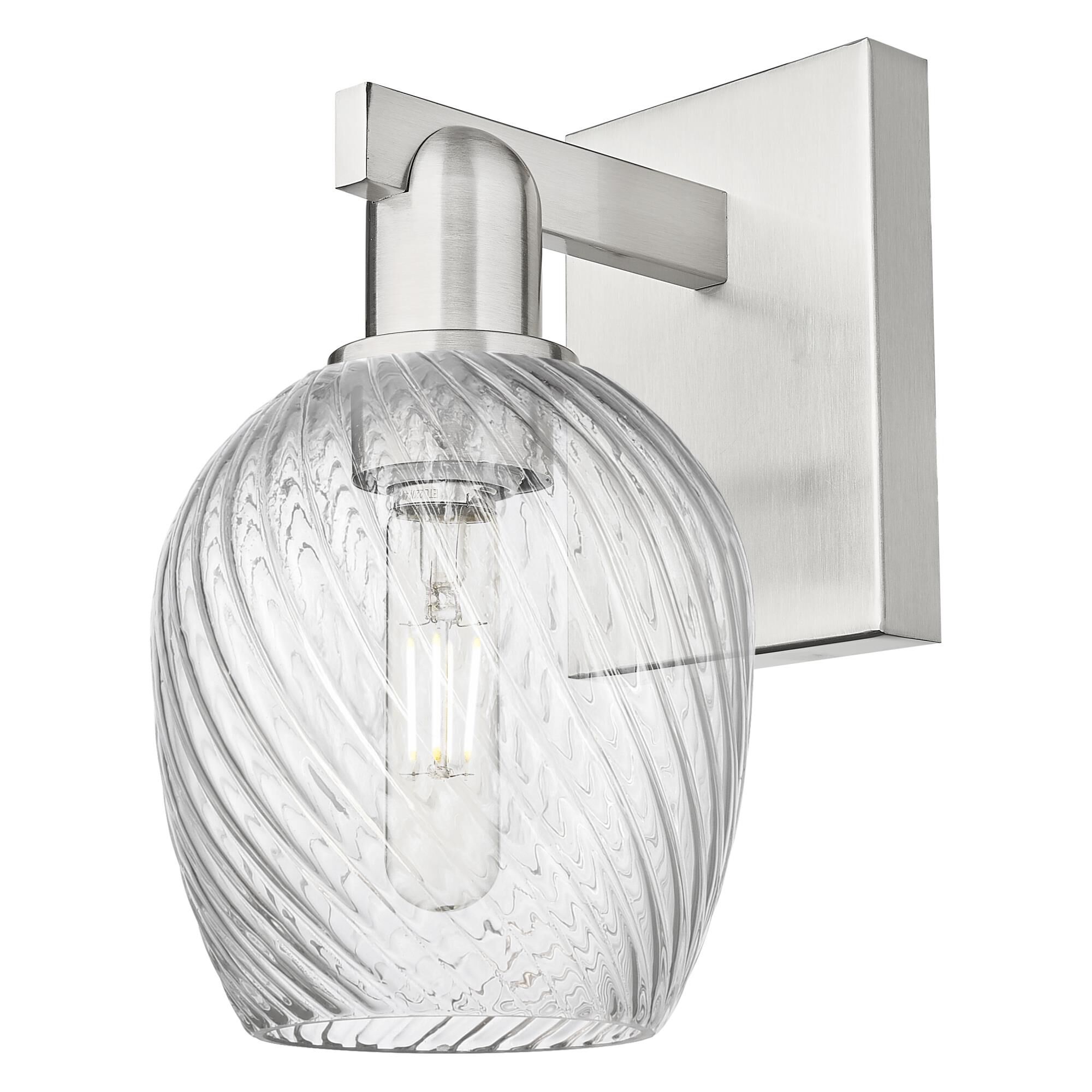 Shown in Brushed Satin Nickel finish and Clear Spiral Fluted glass