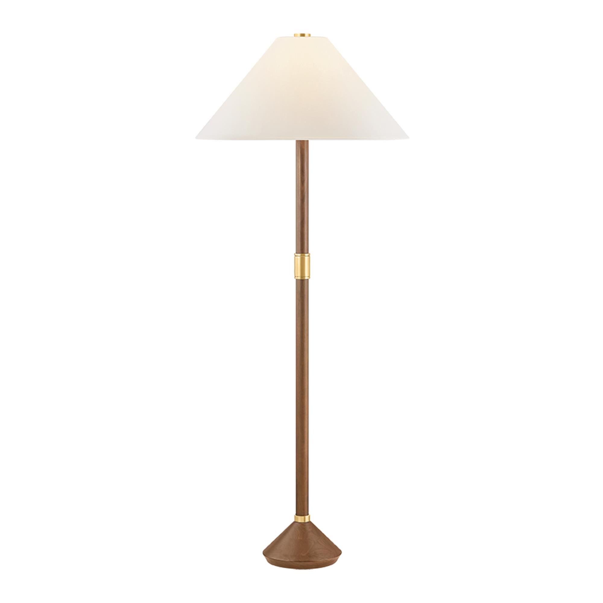 Shown in Aged Brass finish and White Linen shade