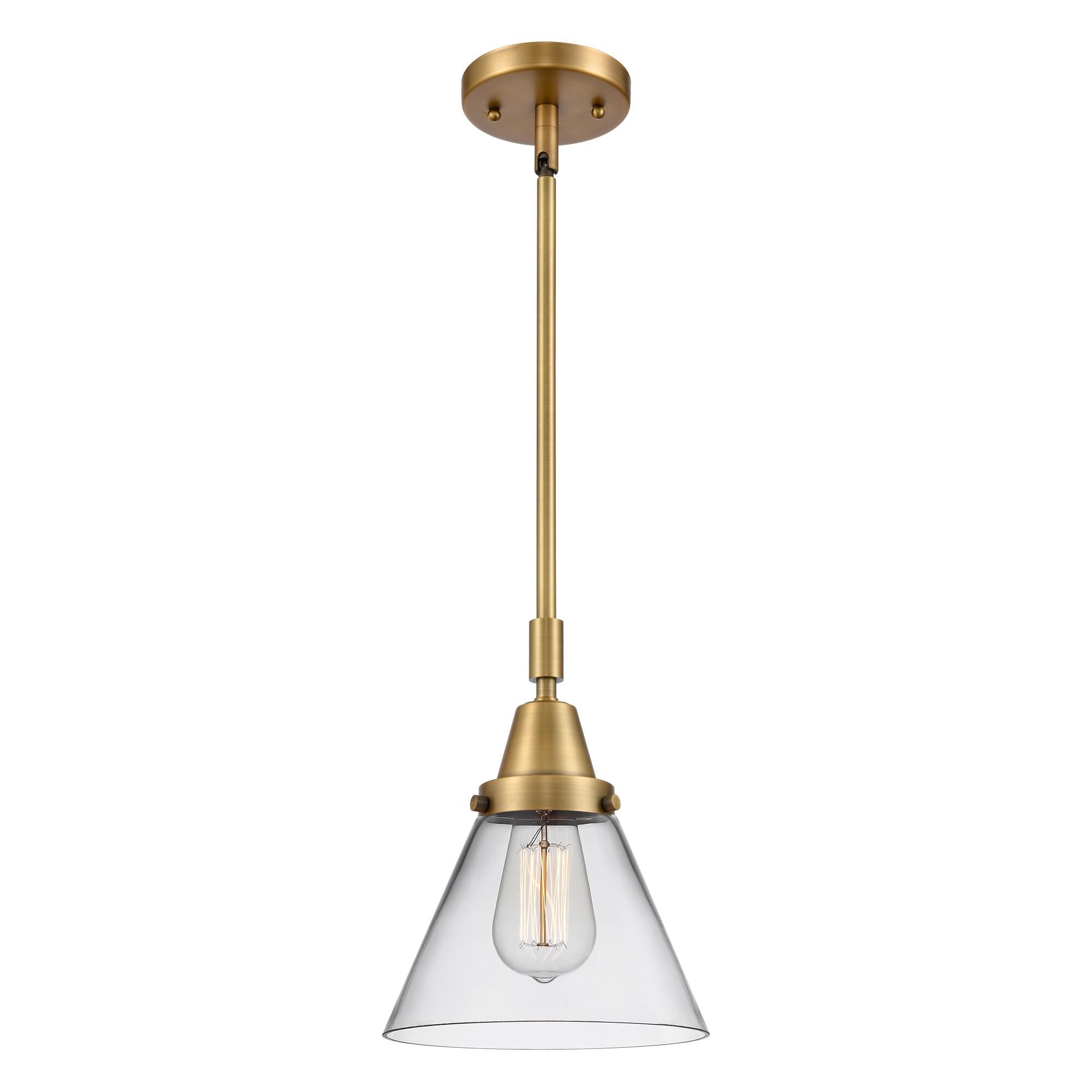 Shown in Brushed Brass finish and Clear Large Cone glass