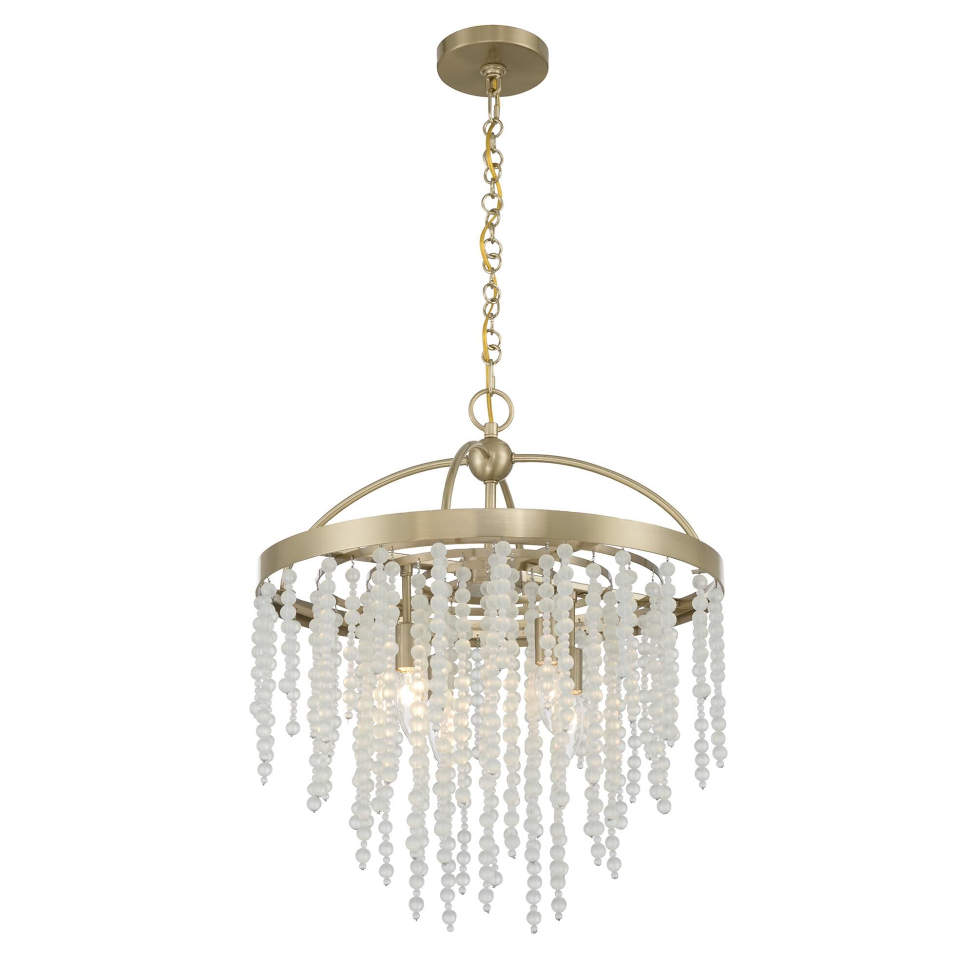 Shown in Noble Brass finish and Frosted Strands glass
