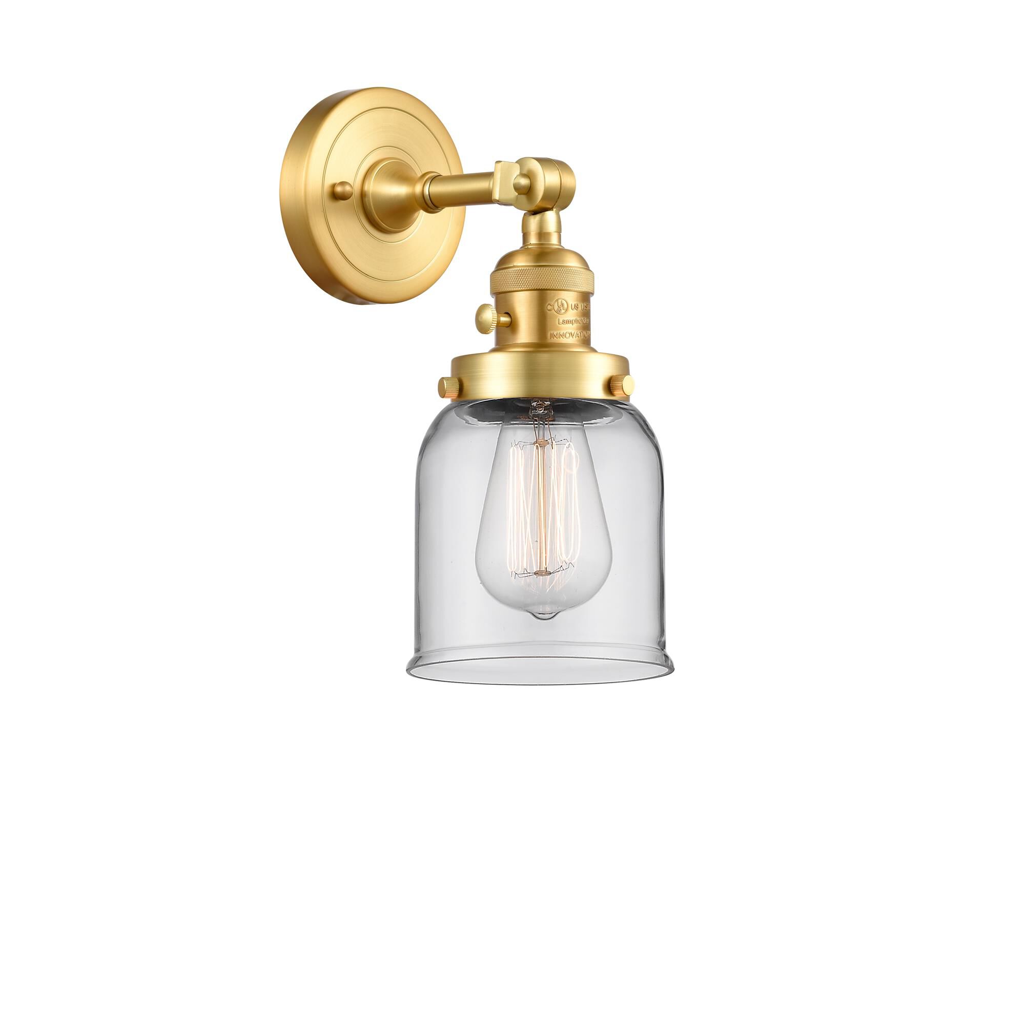 Shown in Satin Gold finish and Clear Small Bell glass