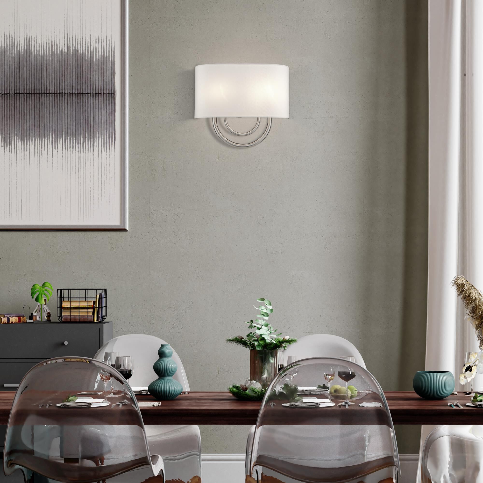 Shown in Brushed Nickel finish and Hand Crafted Off-White Fabric Hardback with White Fabric Inside shade