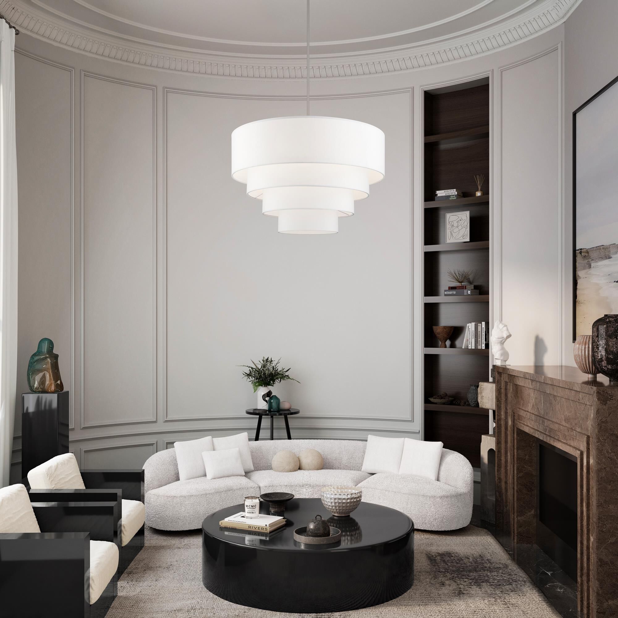 Shown in Brushed Nickel finish and Hand Crafted Off-White Fabric Hardbacks with White Fabric Inside shade