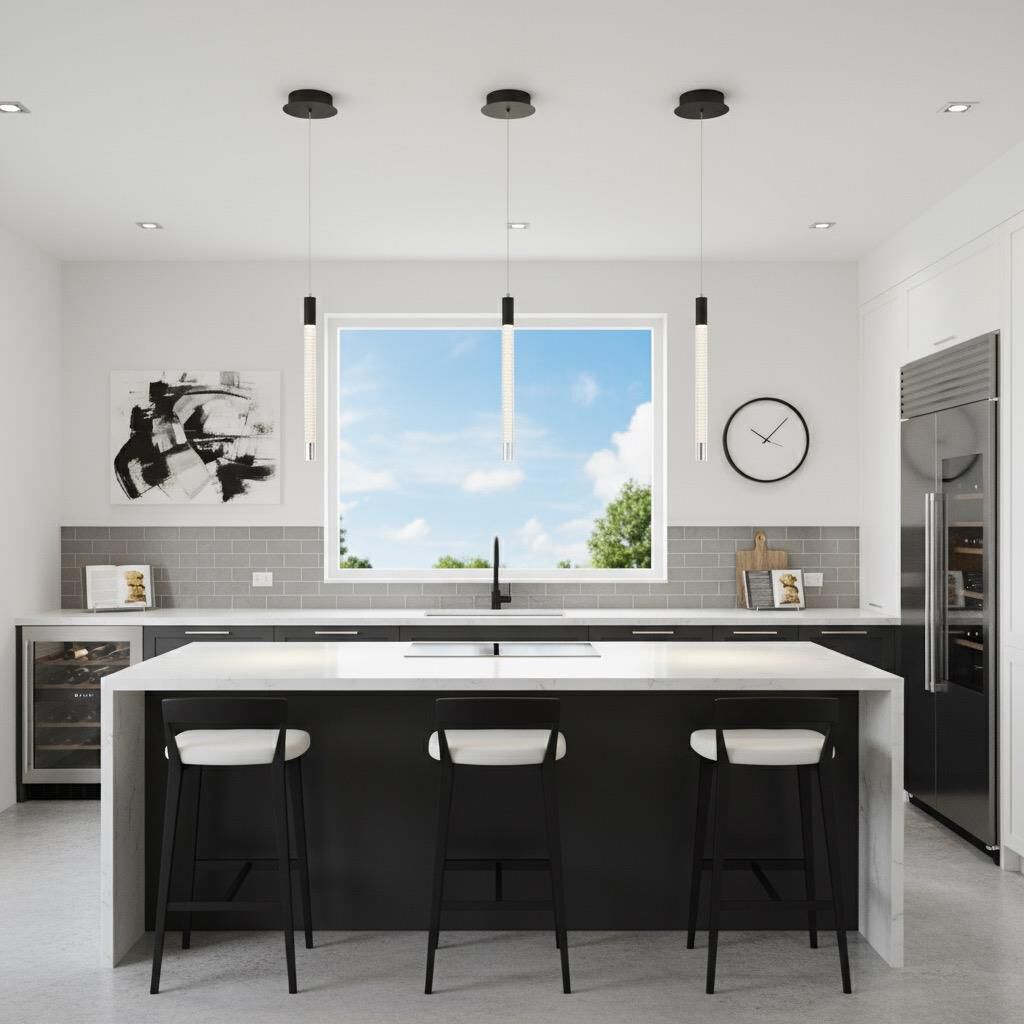 Shown in Black finish and Laser Lined Rods glass