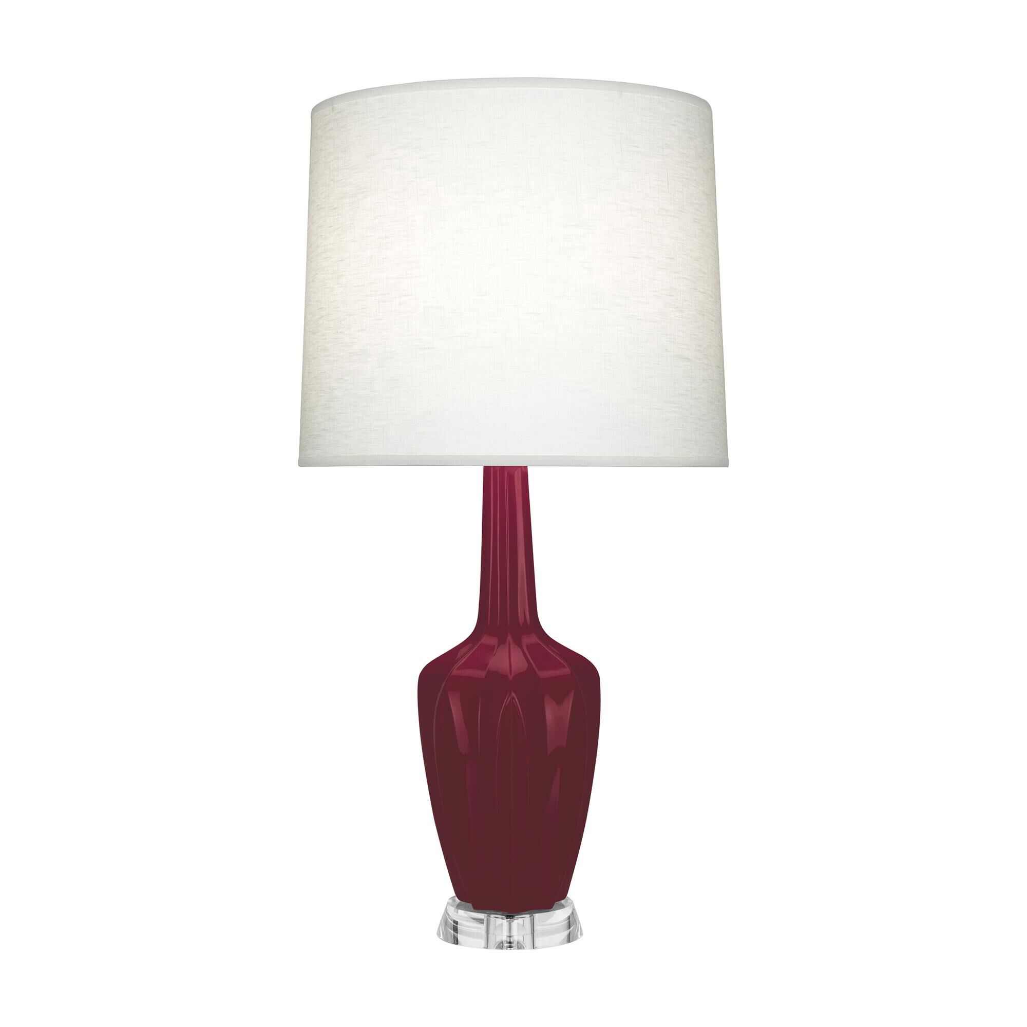 Shown in Sugar Plum Glazed finish and Oyster Linen shade and Lucite accent
