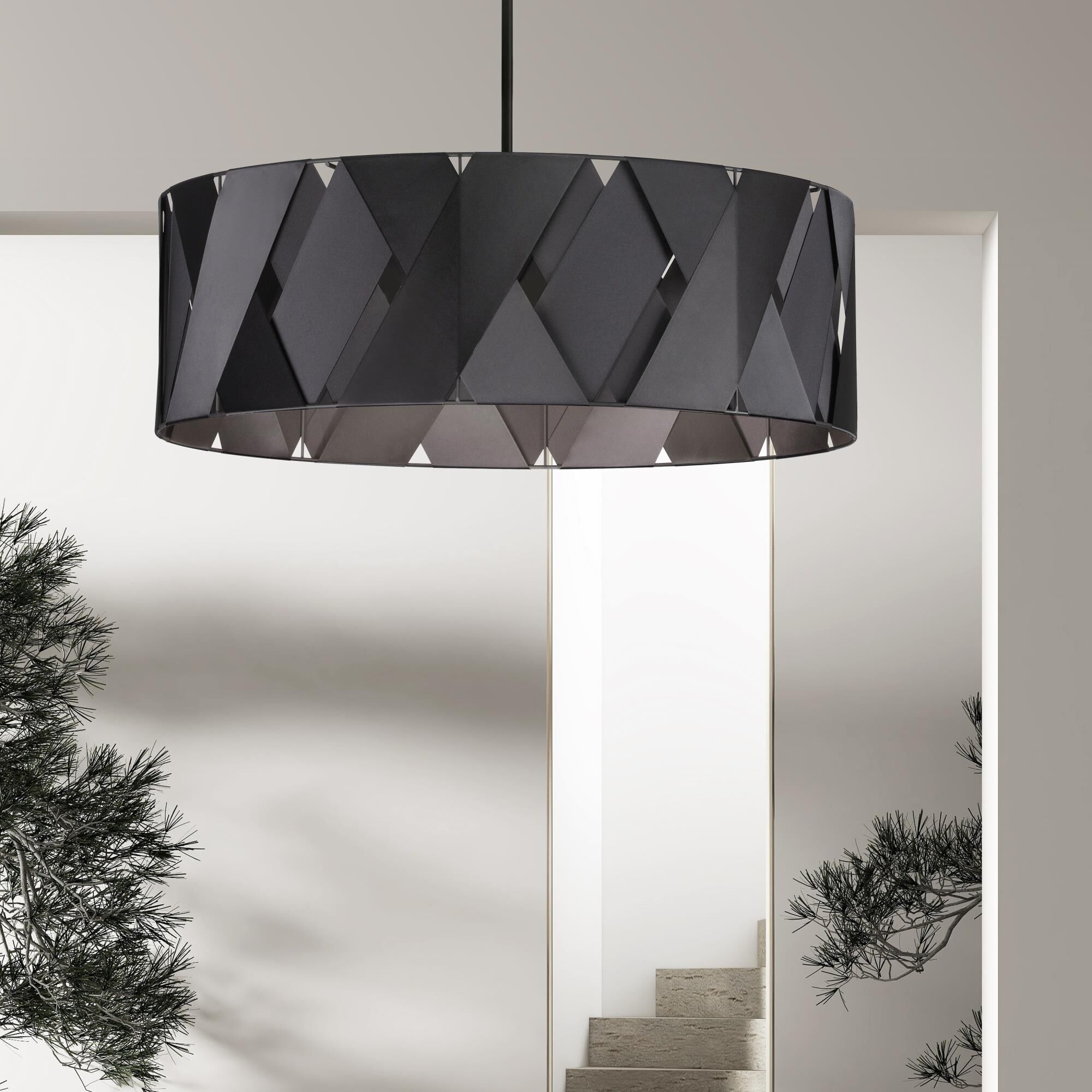 Shown in Matte Black and Black finish and Black Ribbon Drum shade