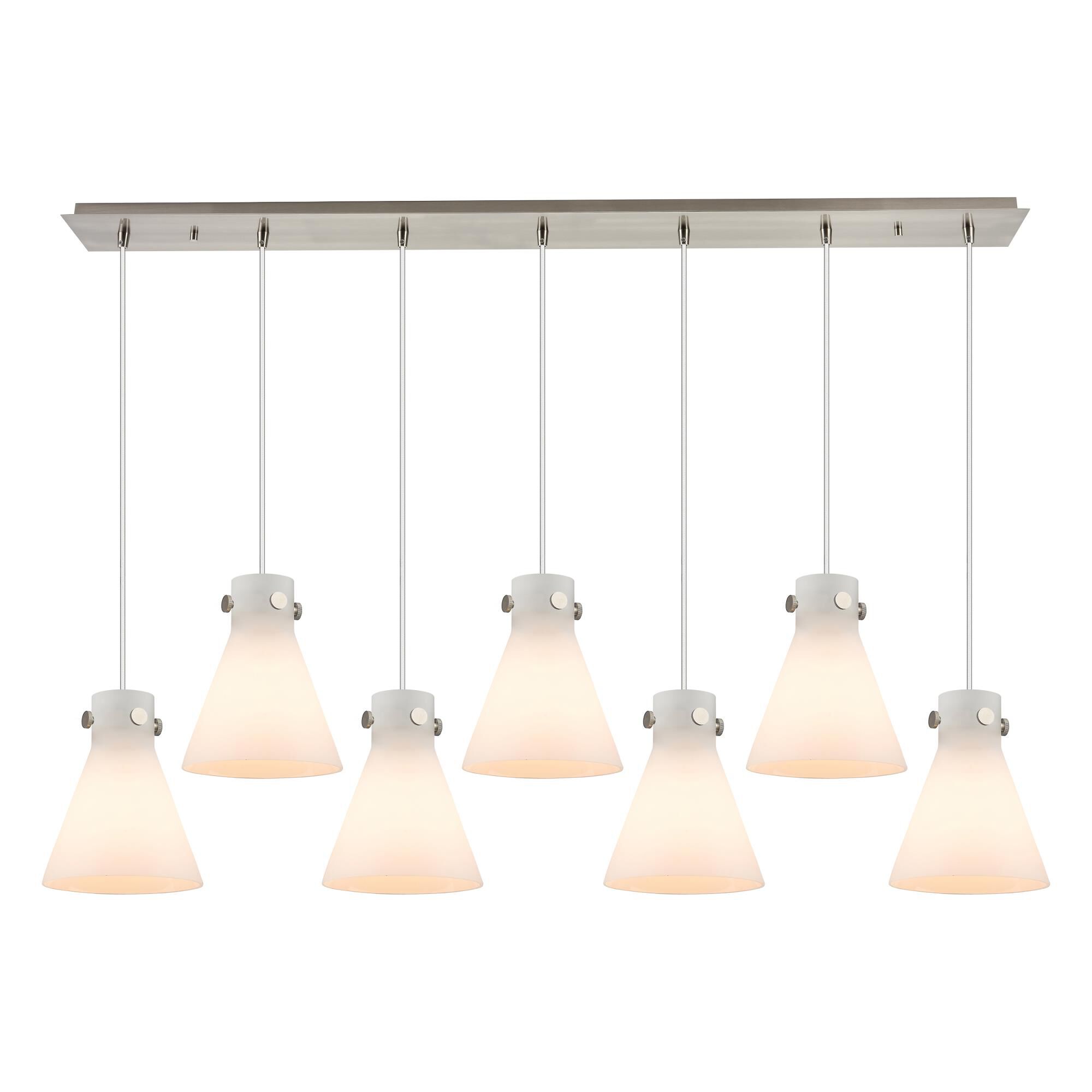 Shown in Brushed Satin Nickel finish and White glass and White Glass shade