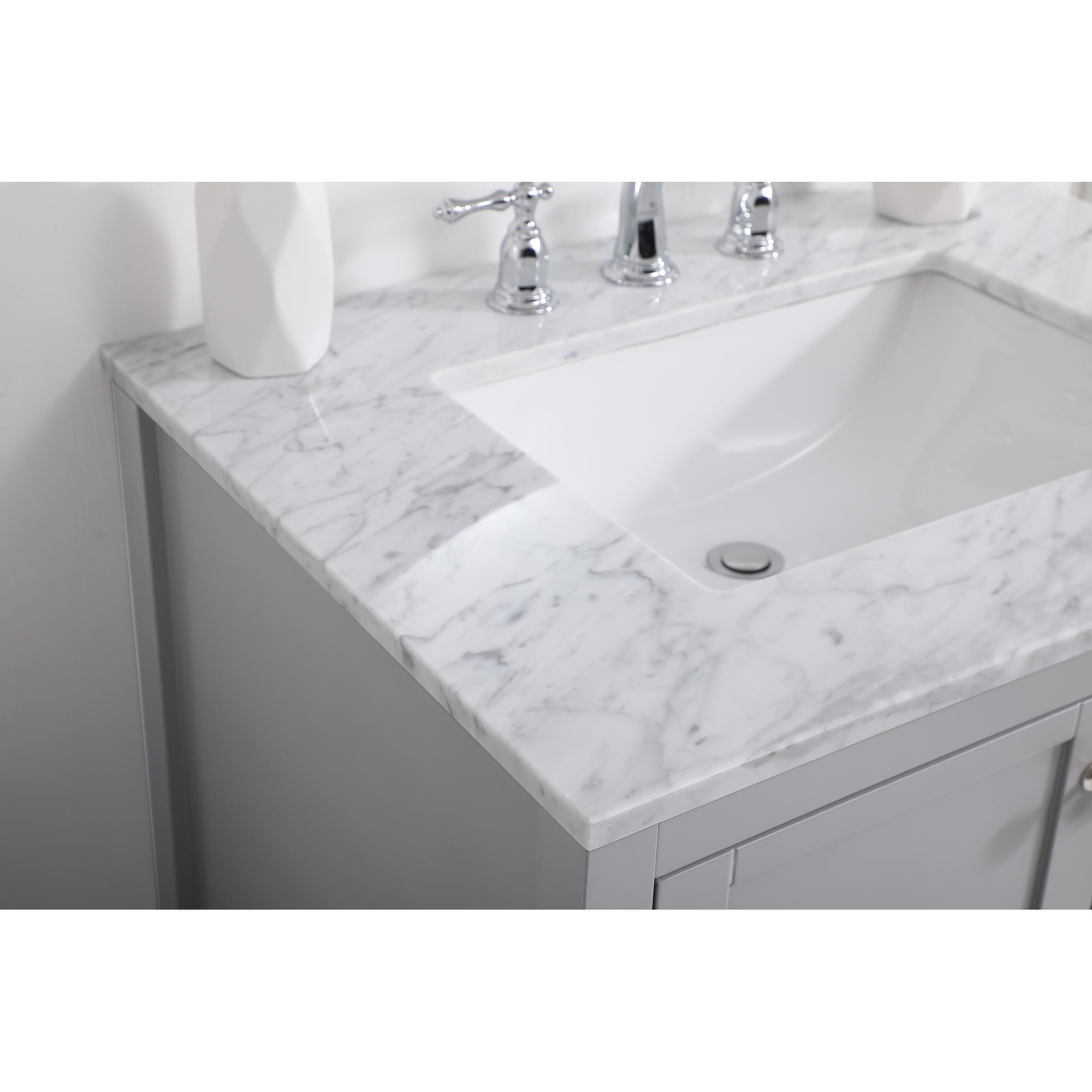 Shown in Gray And Brushed Nickel With Carrara White Marble finish
