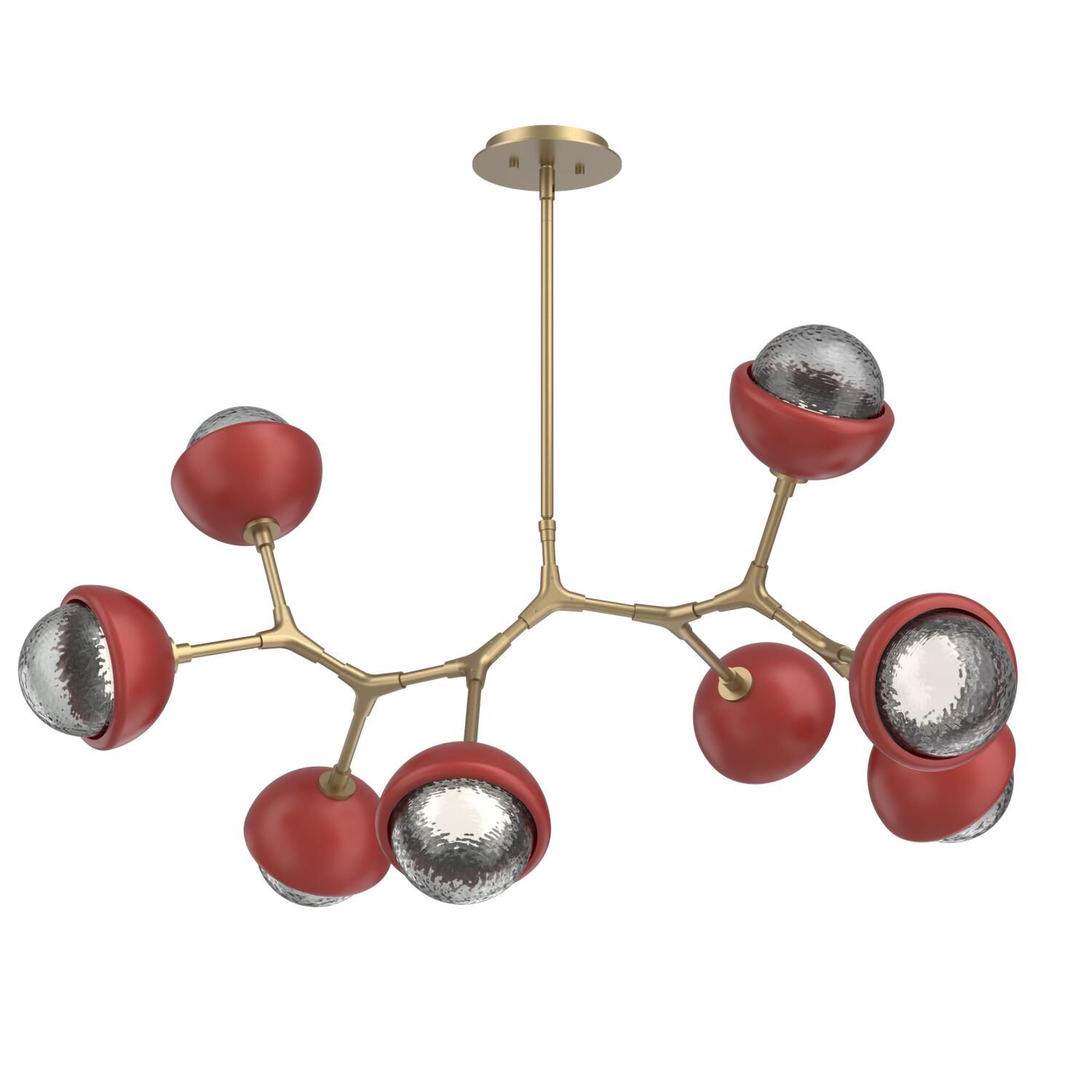 Shown in Gilded Brass finish and Smoke glass and Cinnamon Red accent