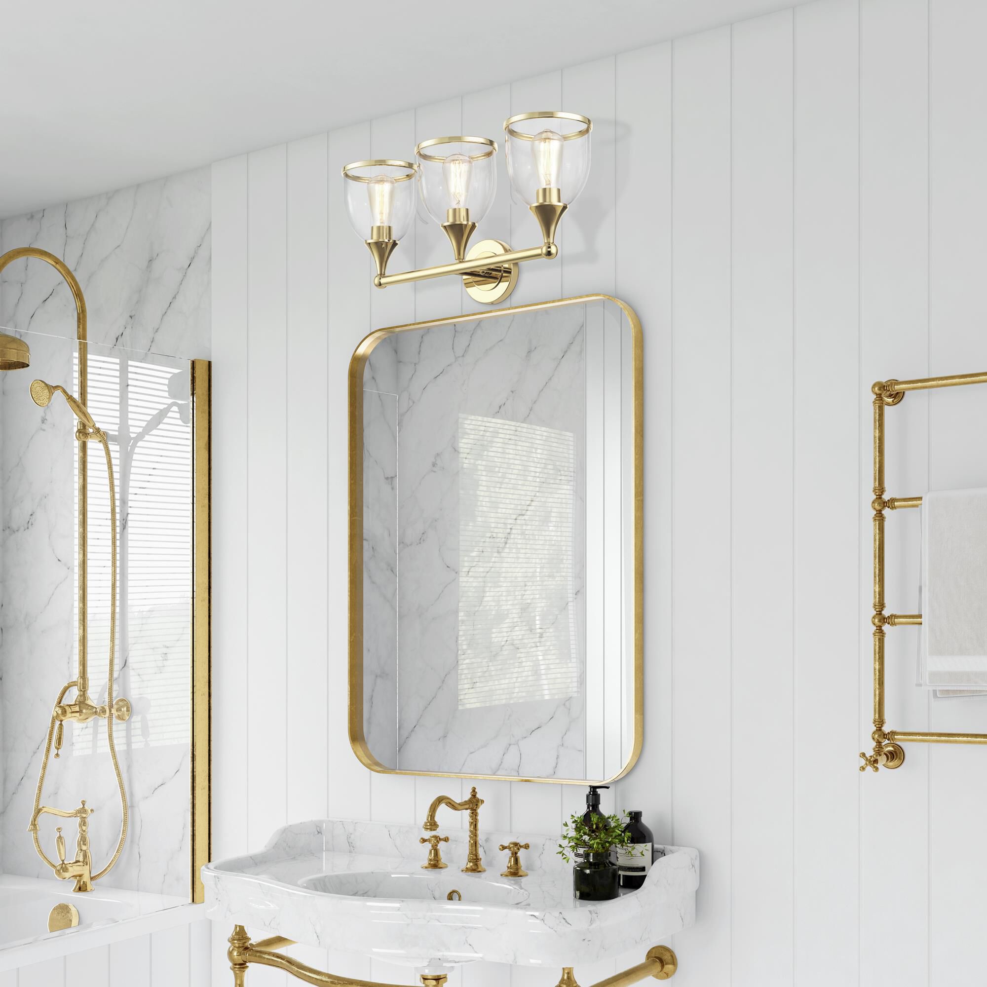 Shown in Polished Brass finish and Mouth Blown Clear glass