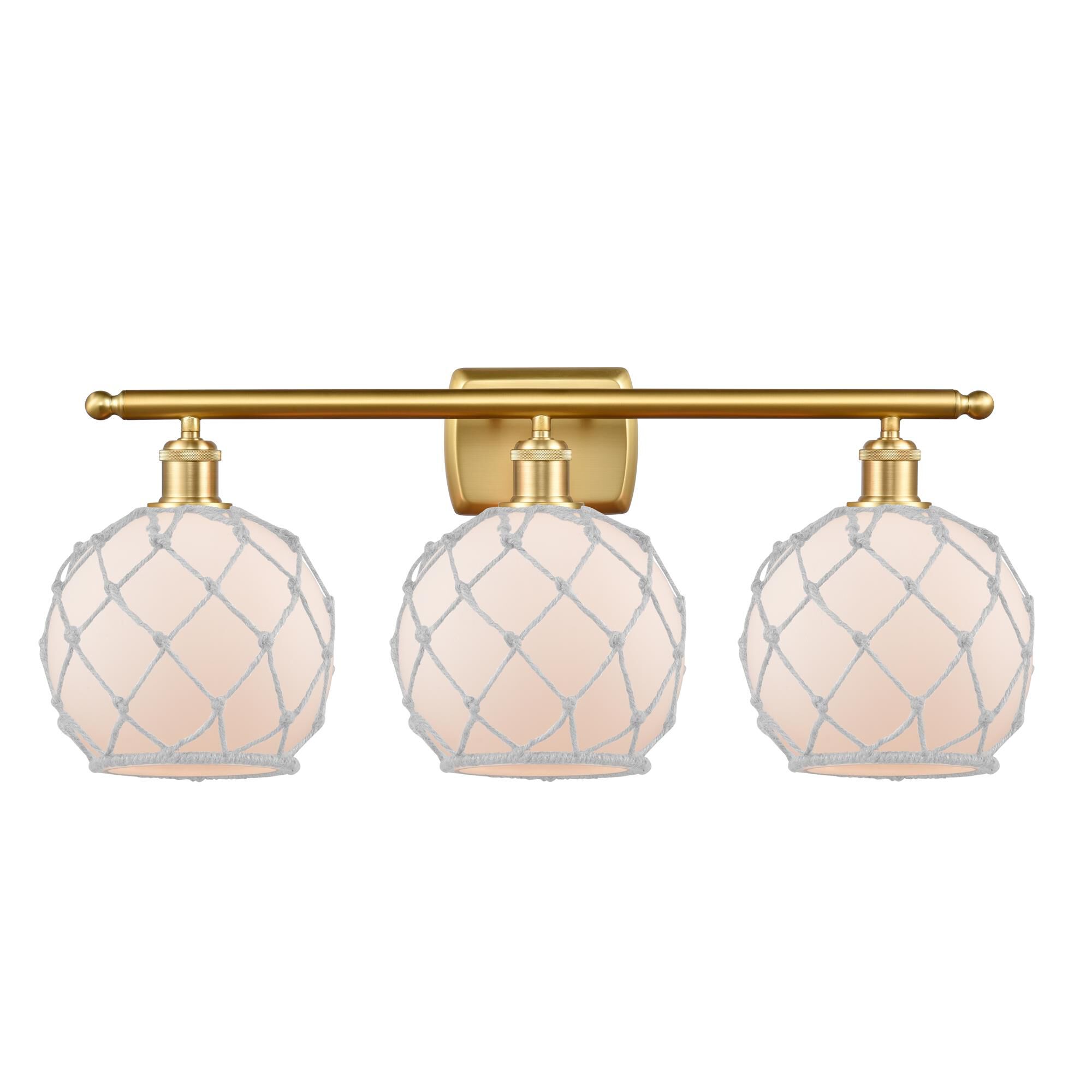 Shown in Satin Gold finish and White Farmhousewith White Rope glass