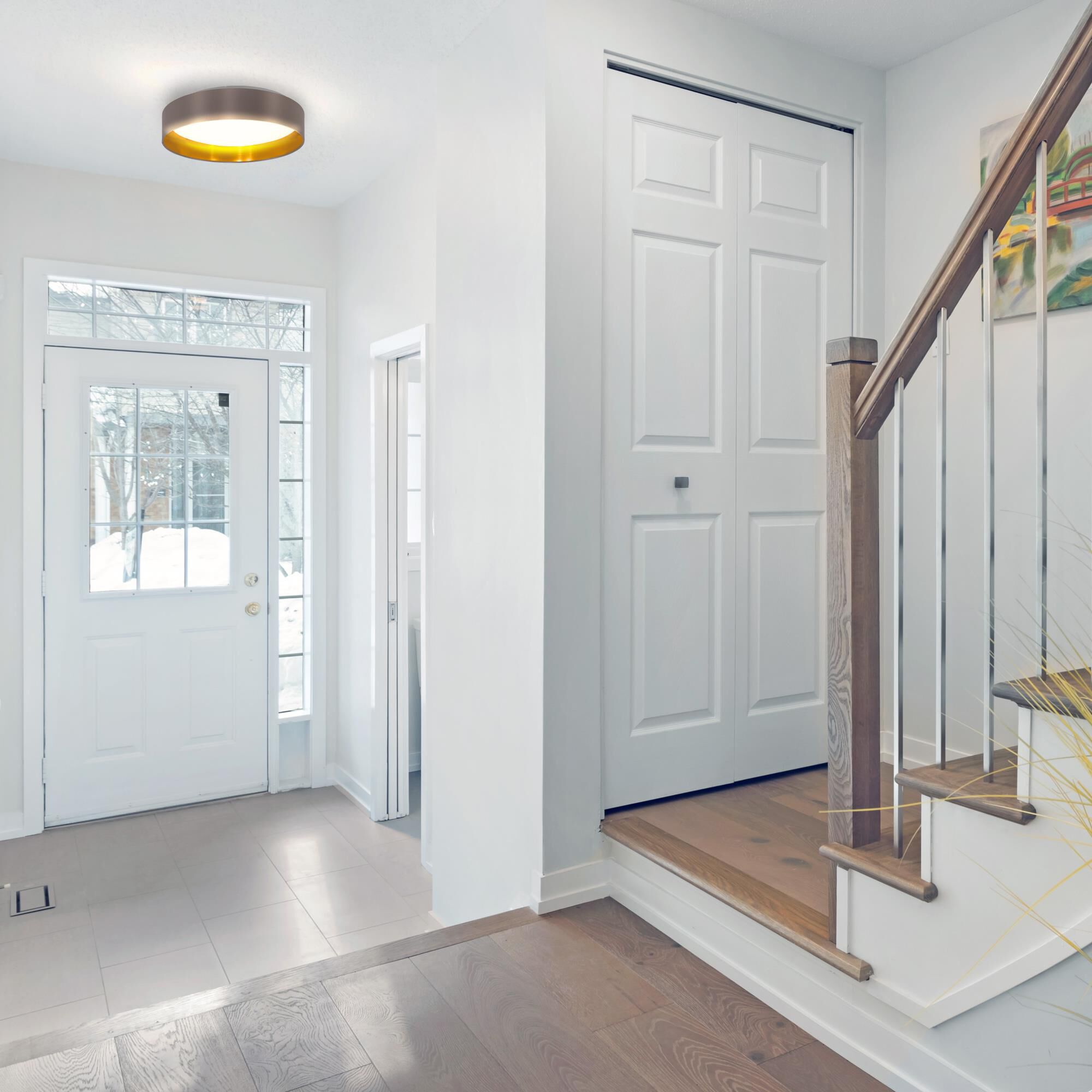 Shown in Satin Nickel finish and Cappucino, Gold and White shade