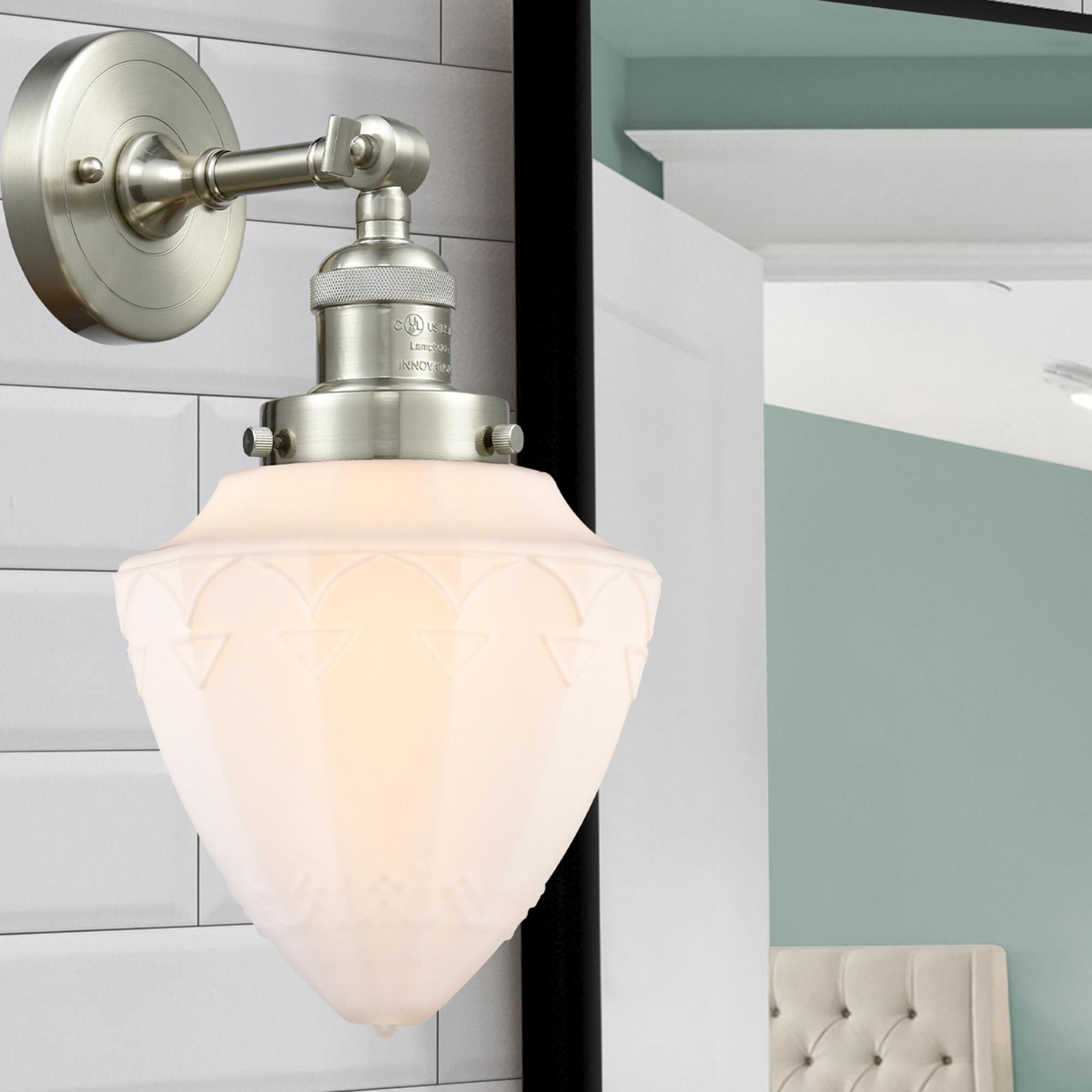 Shown in Brushed Satin Nickel finish and Matte White Cased Small Bullet glass