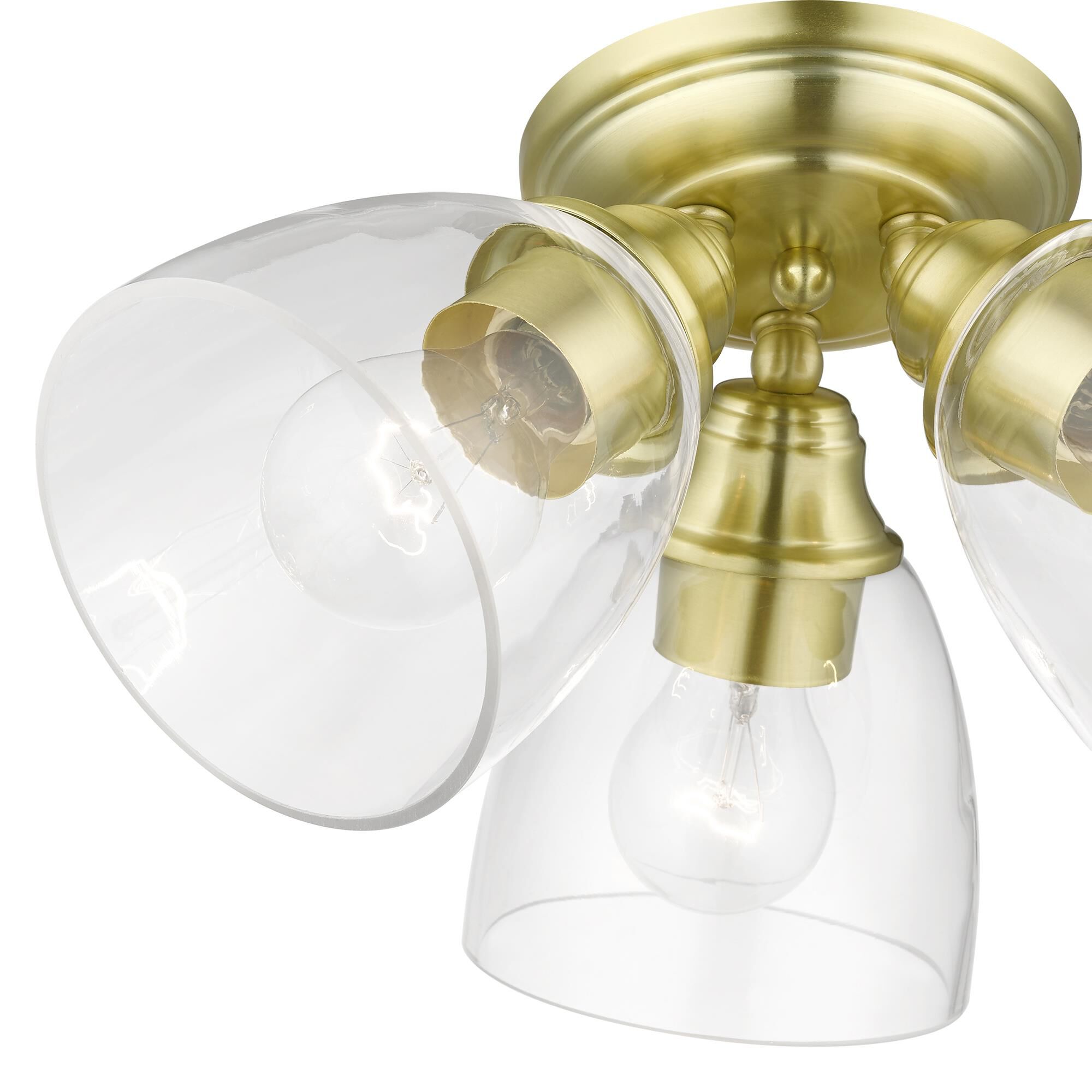 Shown in Satin Brass finish and Hand Blown Clear glass