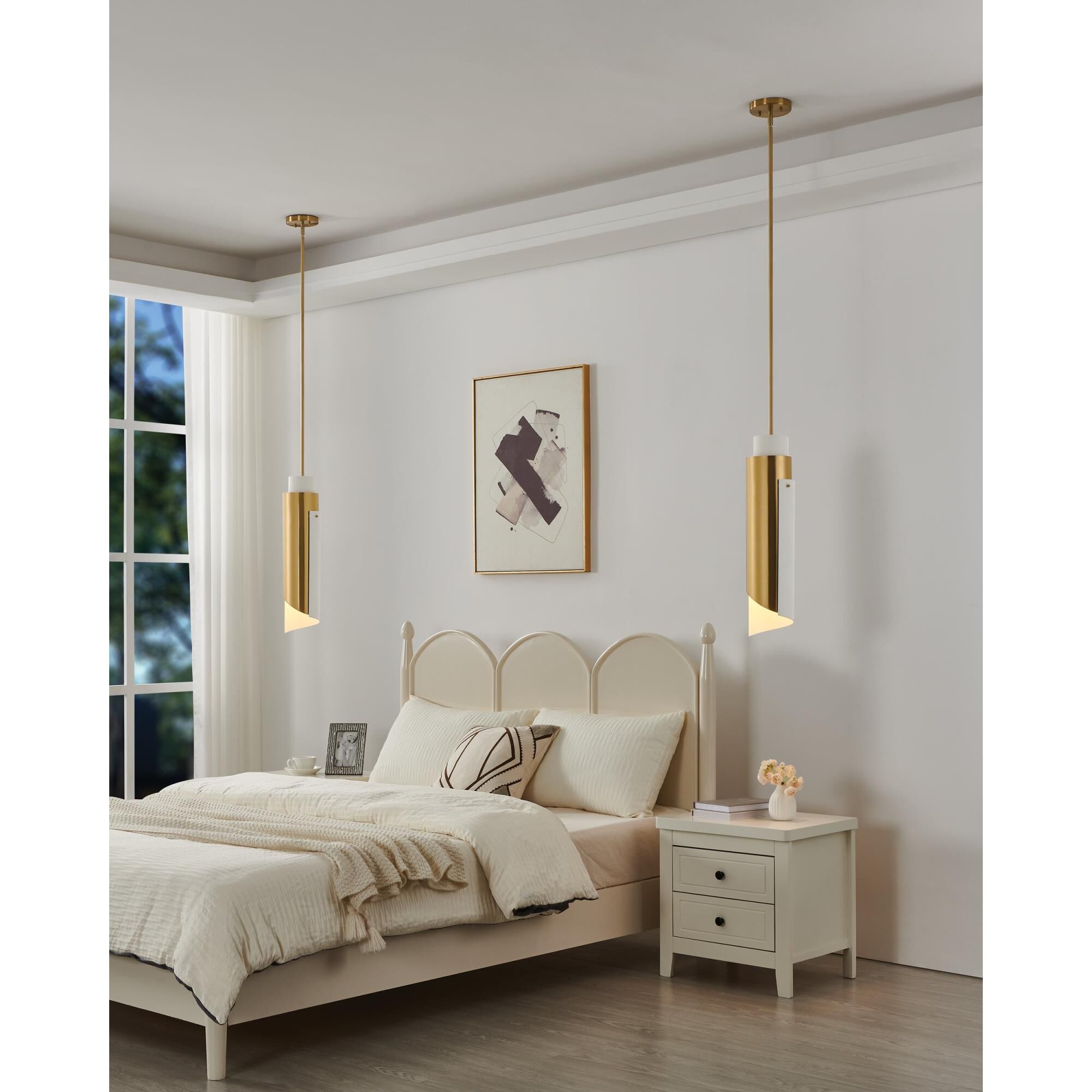 Shown in Brushed Gold finish and Brushed Gold, Matte White shade