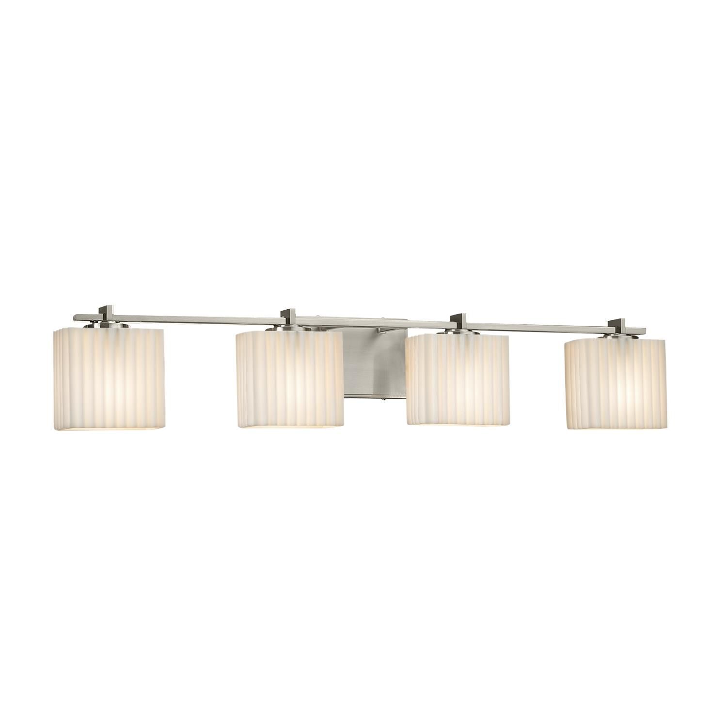 Shown in Brushed Nickel finish and Faux Porcelain Resin glass and Pleats shade and Rectangle accent