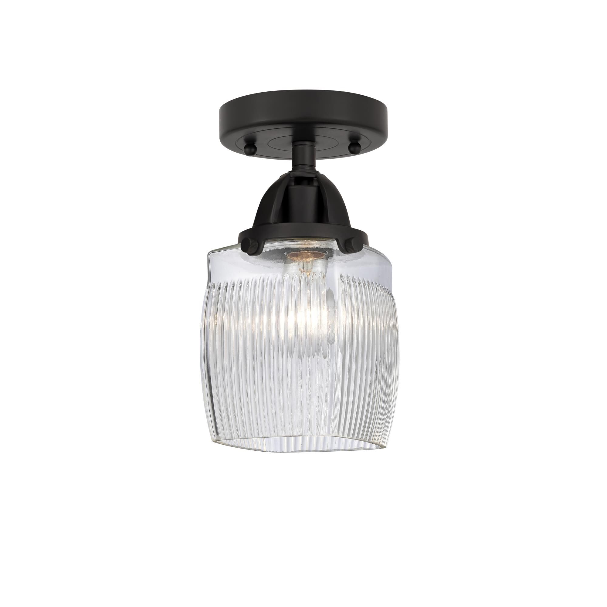 Shown in Matte Black finish and Thick Clear Halophane Colton glass and No Shade shade