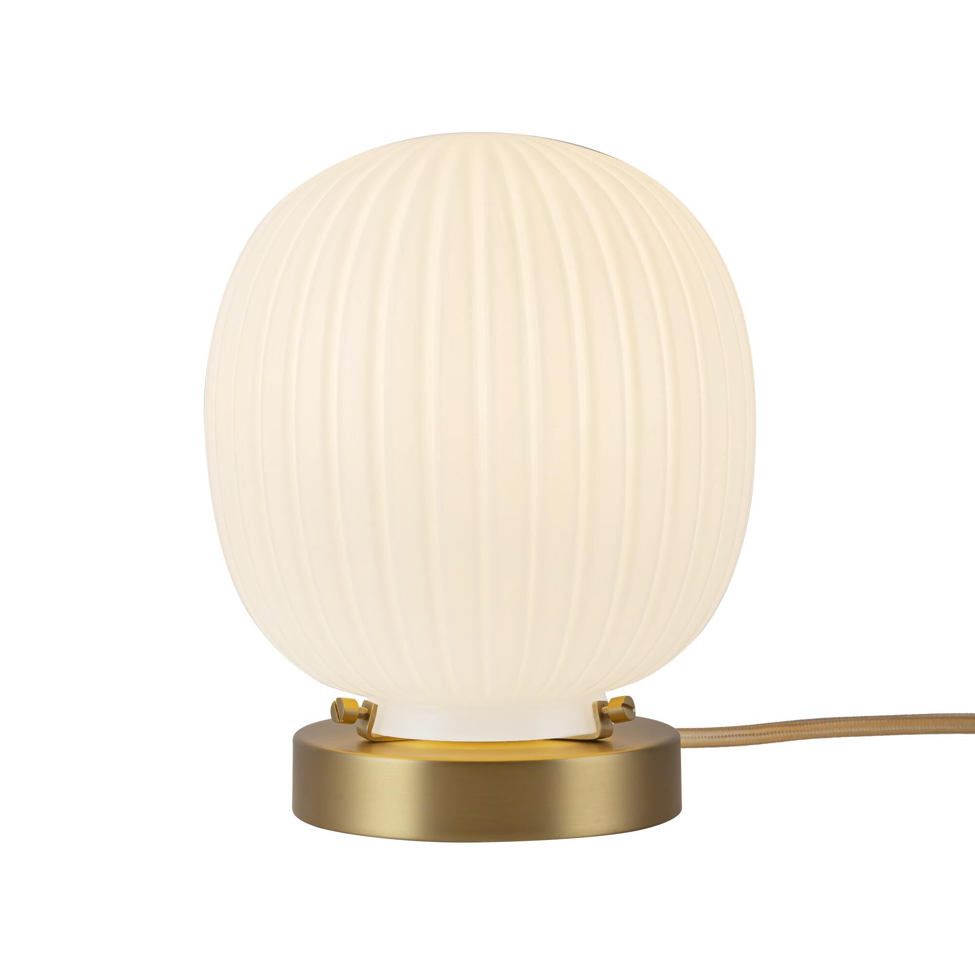 Shown in Brushed Gold finish and Glossy Ribbed Opal glass