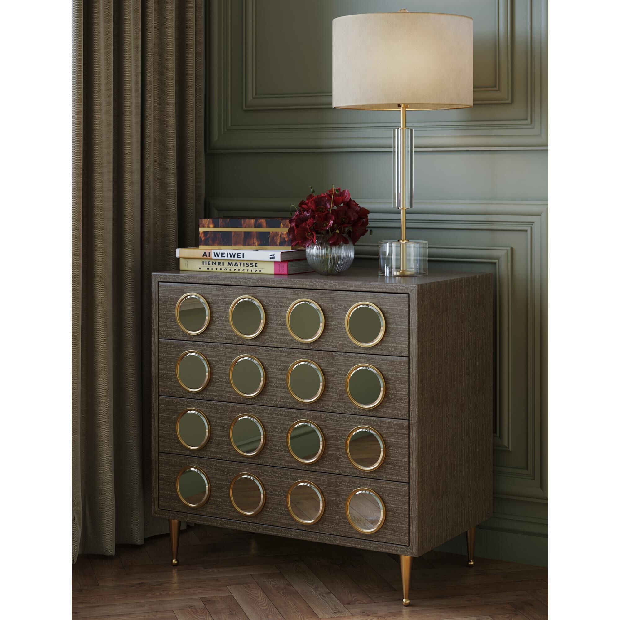 Shown in Clear, Antique Brass finish and Off-White Fine Linen shade