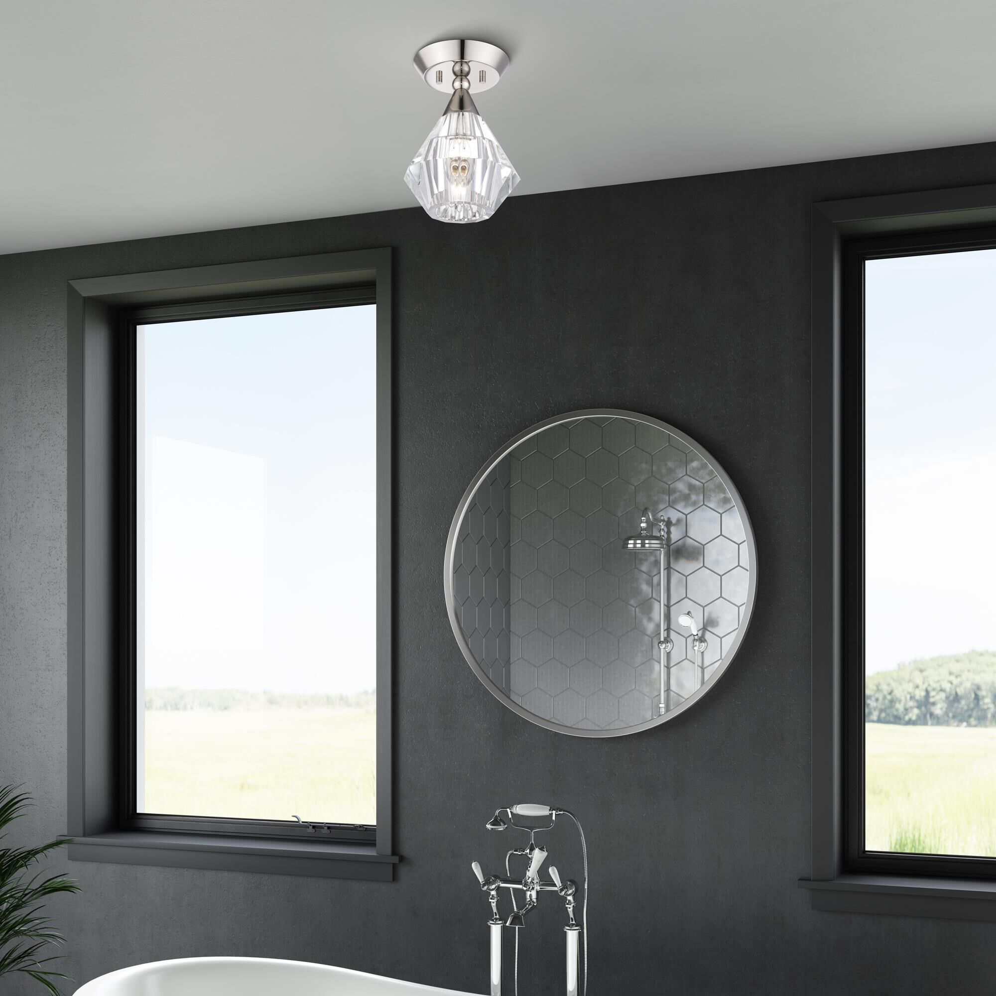 Shown in Polished Nickel finish and Crystal glass