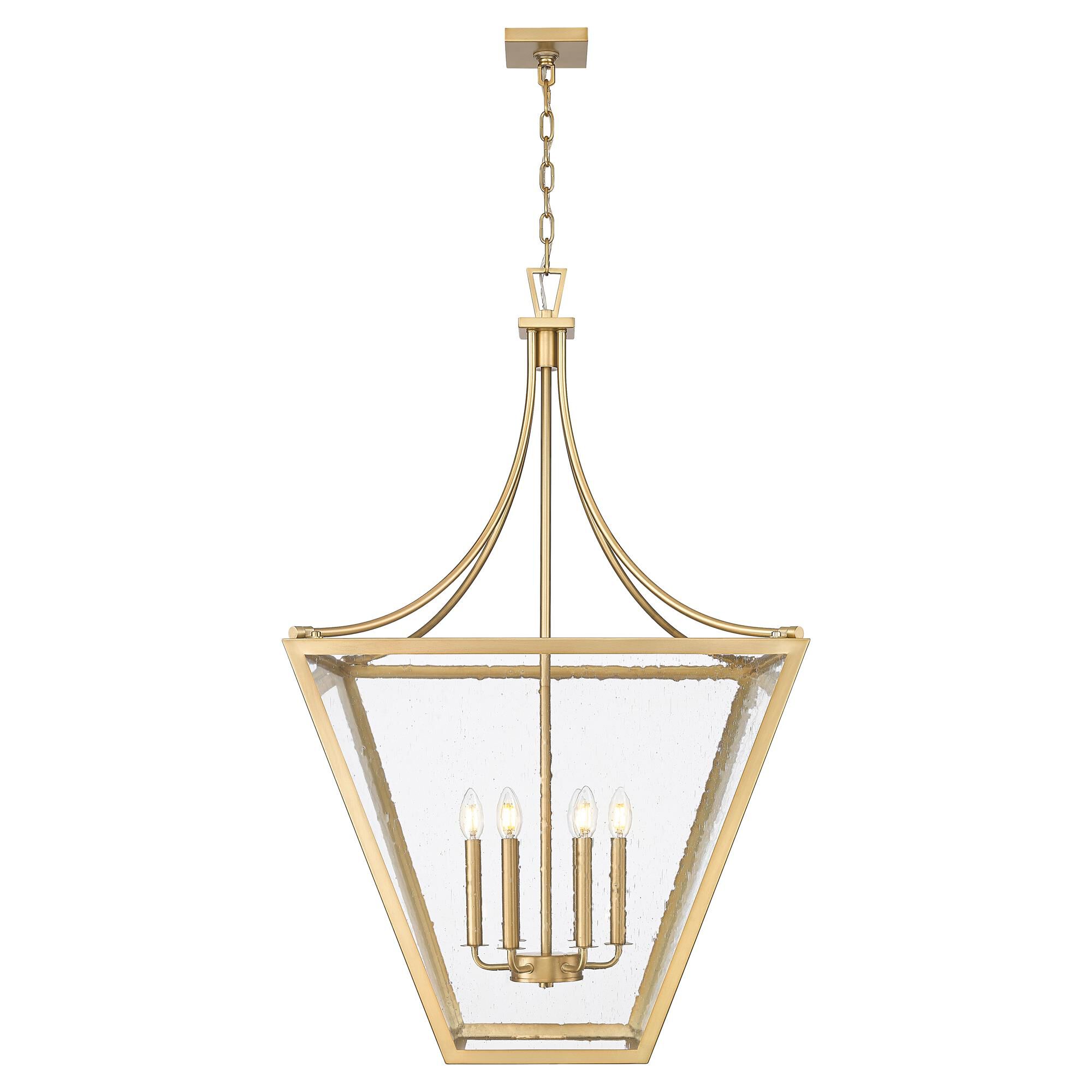 Shown in Rubbed Brass finish and Clear Seedy glass