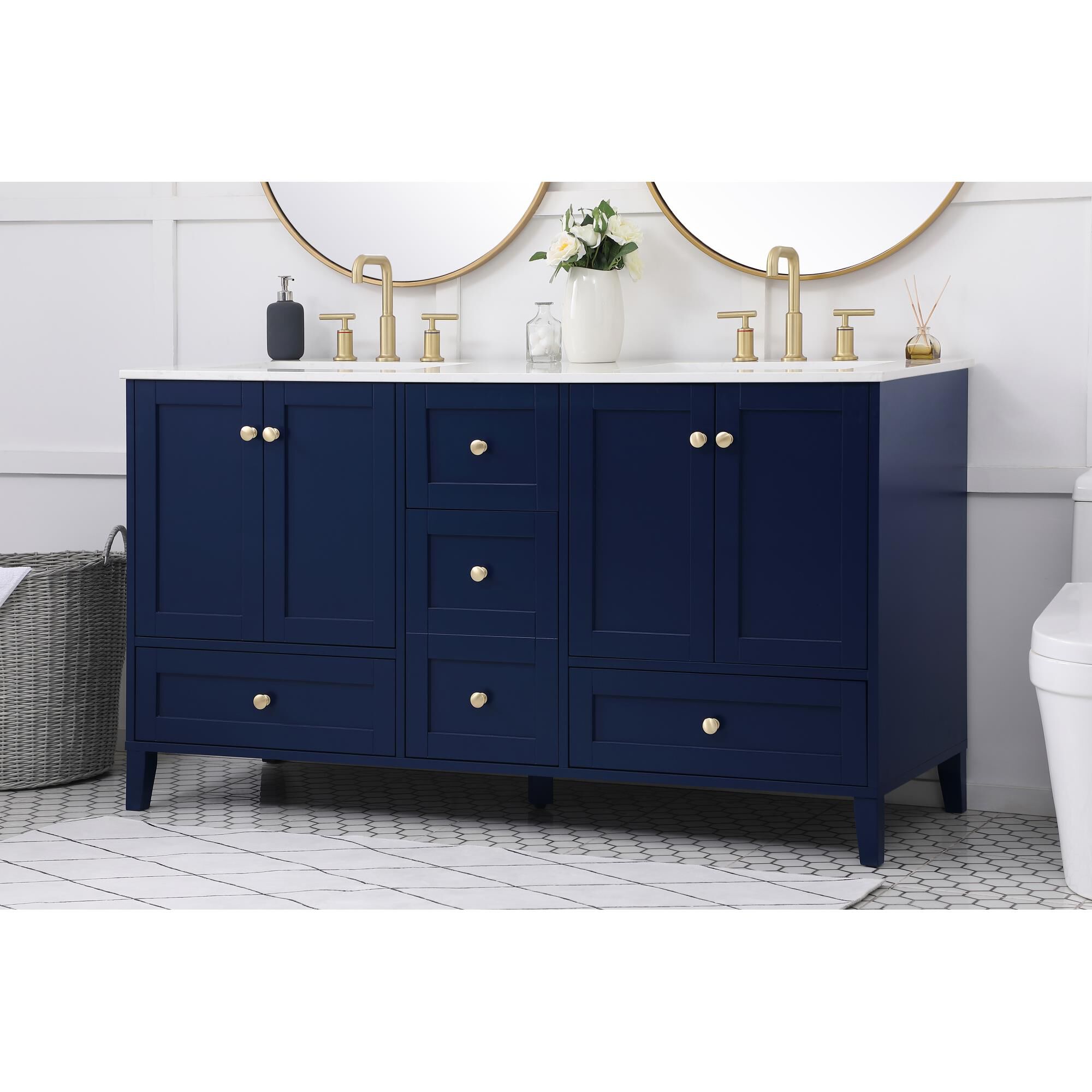 Shown in Blue And Gold With Calacatta Quartz finish