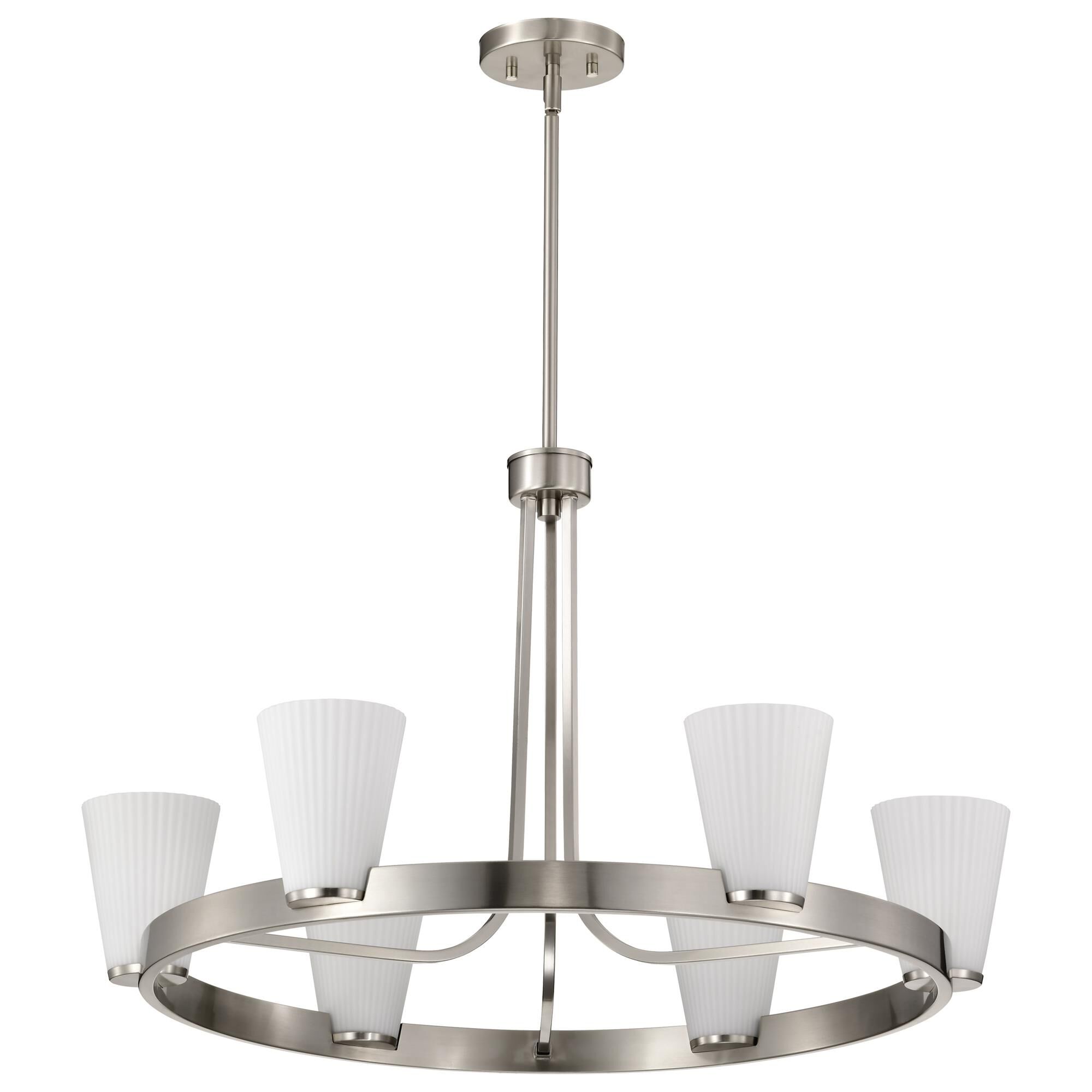 Shown in Brushed Nickel finish and Ribbed White glass