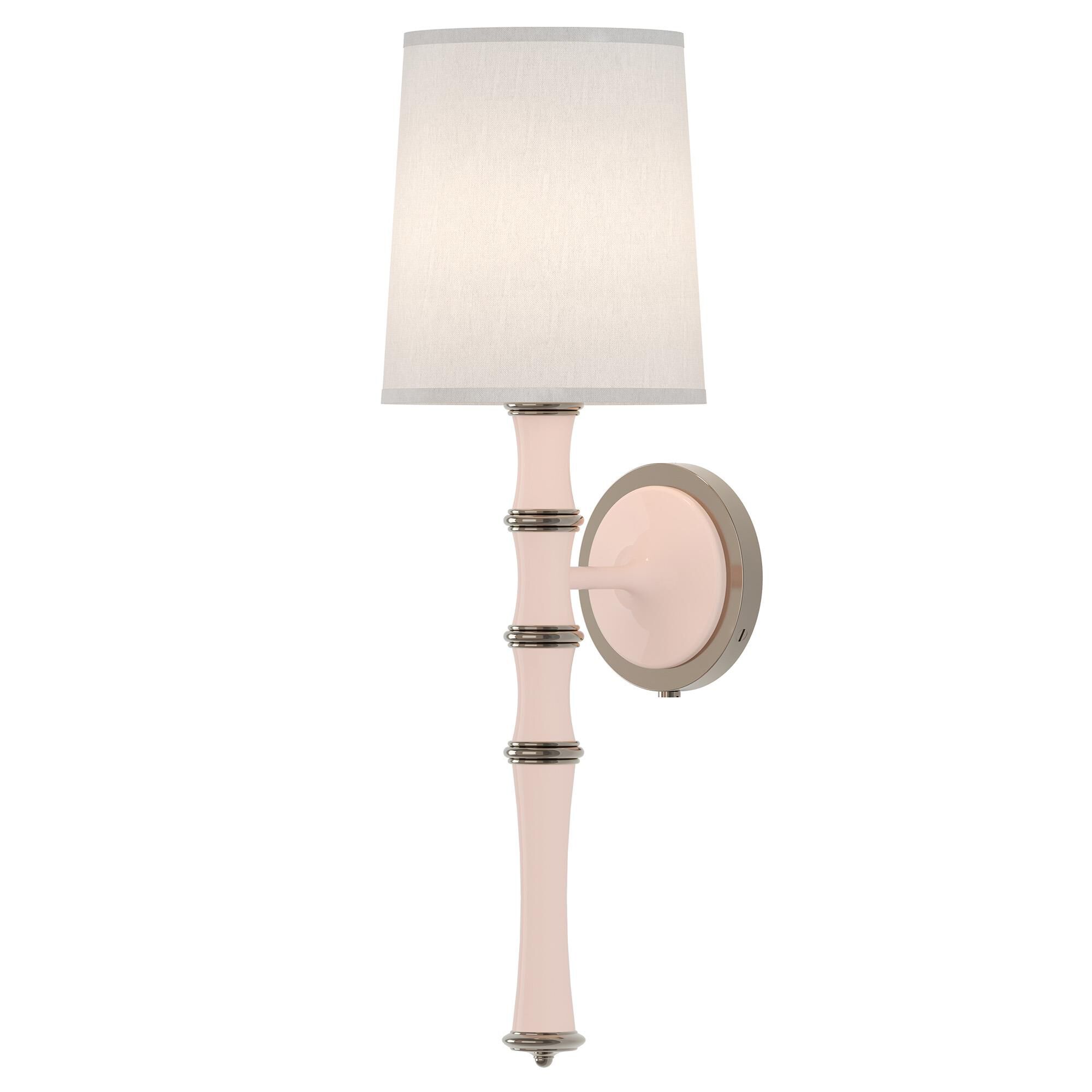 Shown in Rose Water finish and Ascot White shade and Polished Nickel  accent