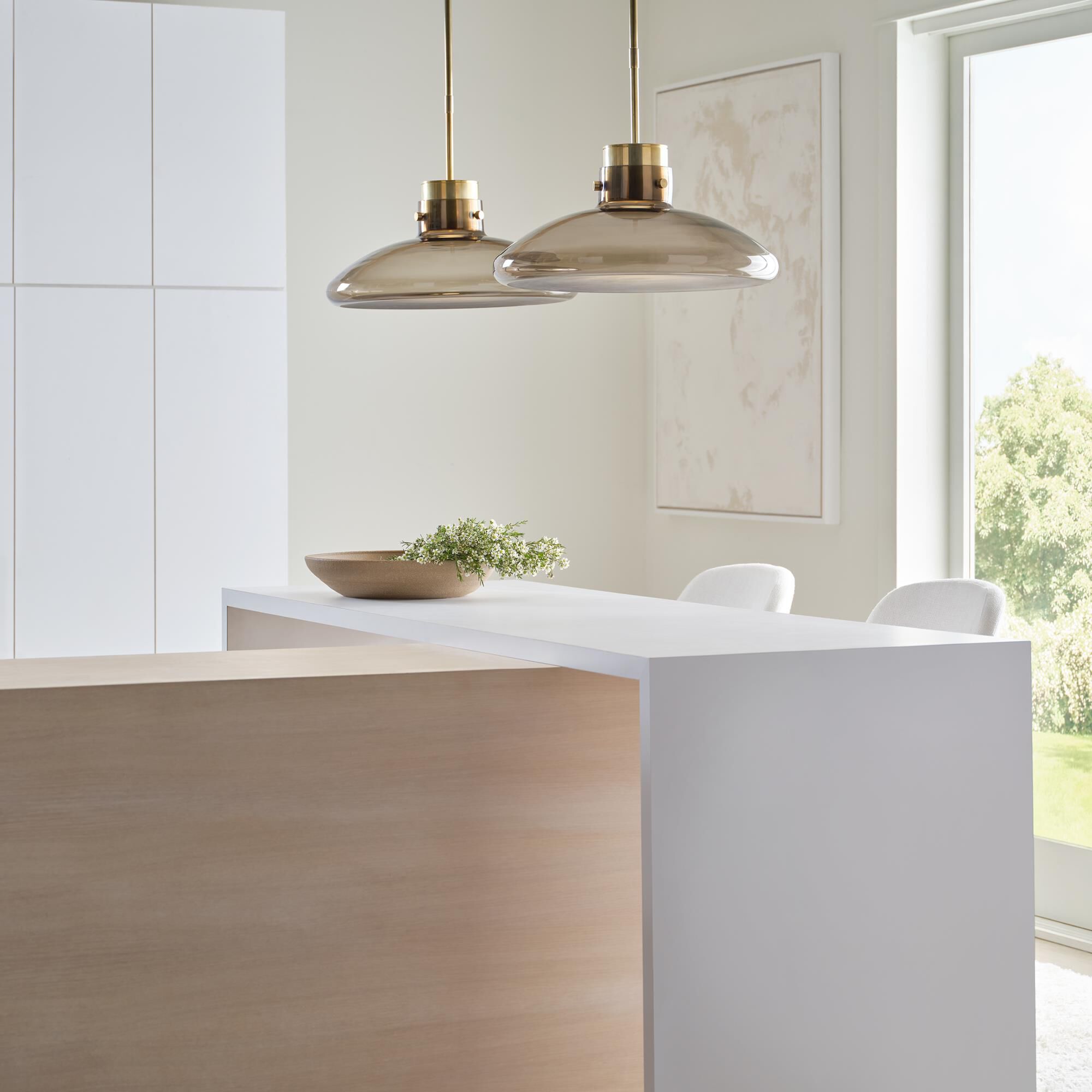 Shown in Hand-Rubbed Antique Brass finish and Smoke glass